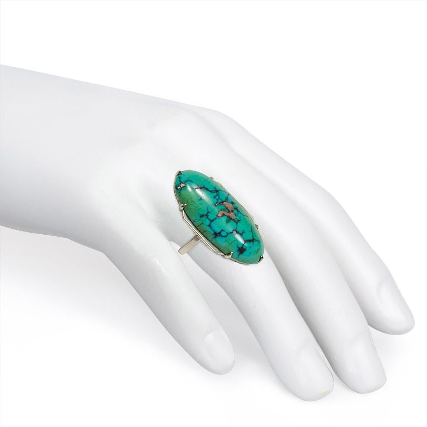 French Art Deco Oblong Turquoise and White Gold Ring In Good Condition For Sale In New York, NY