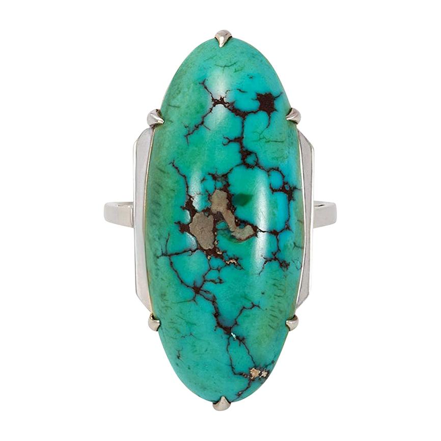 French Art Deco Oblong Turquoise and White Gold Ring