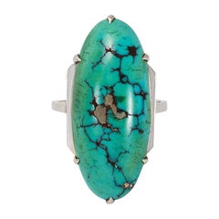 French Art Deco Oblong Turquoise and White Gold Ring