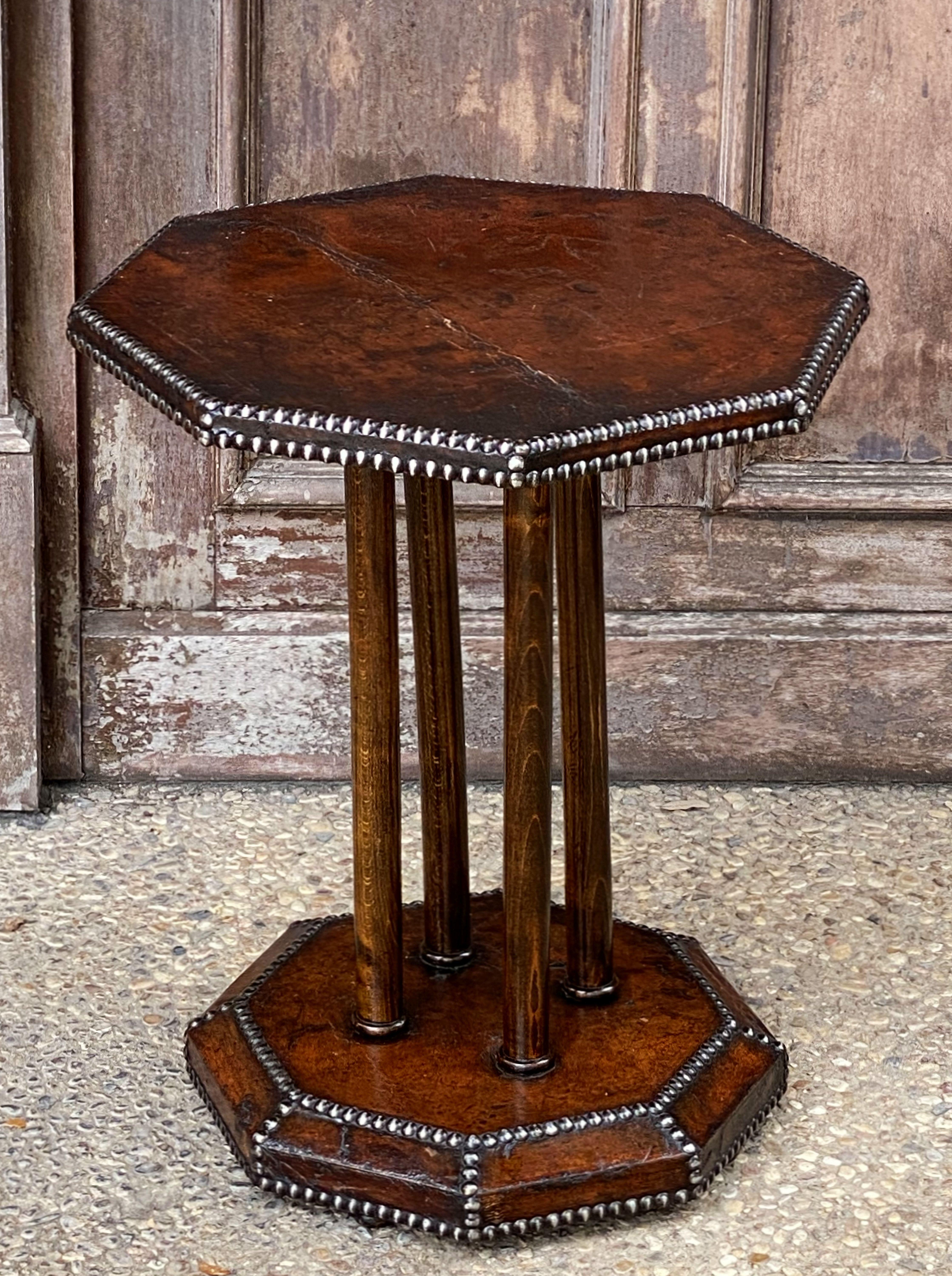 French Art Deco Octagonal Bistro or Club Occasional Table of Leather In Good Condition In Austin, TX