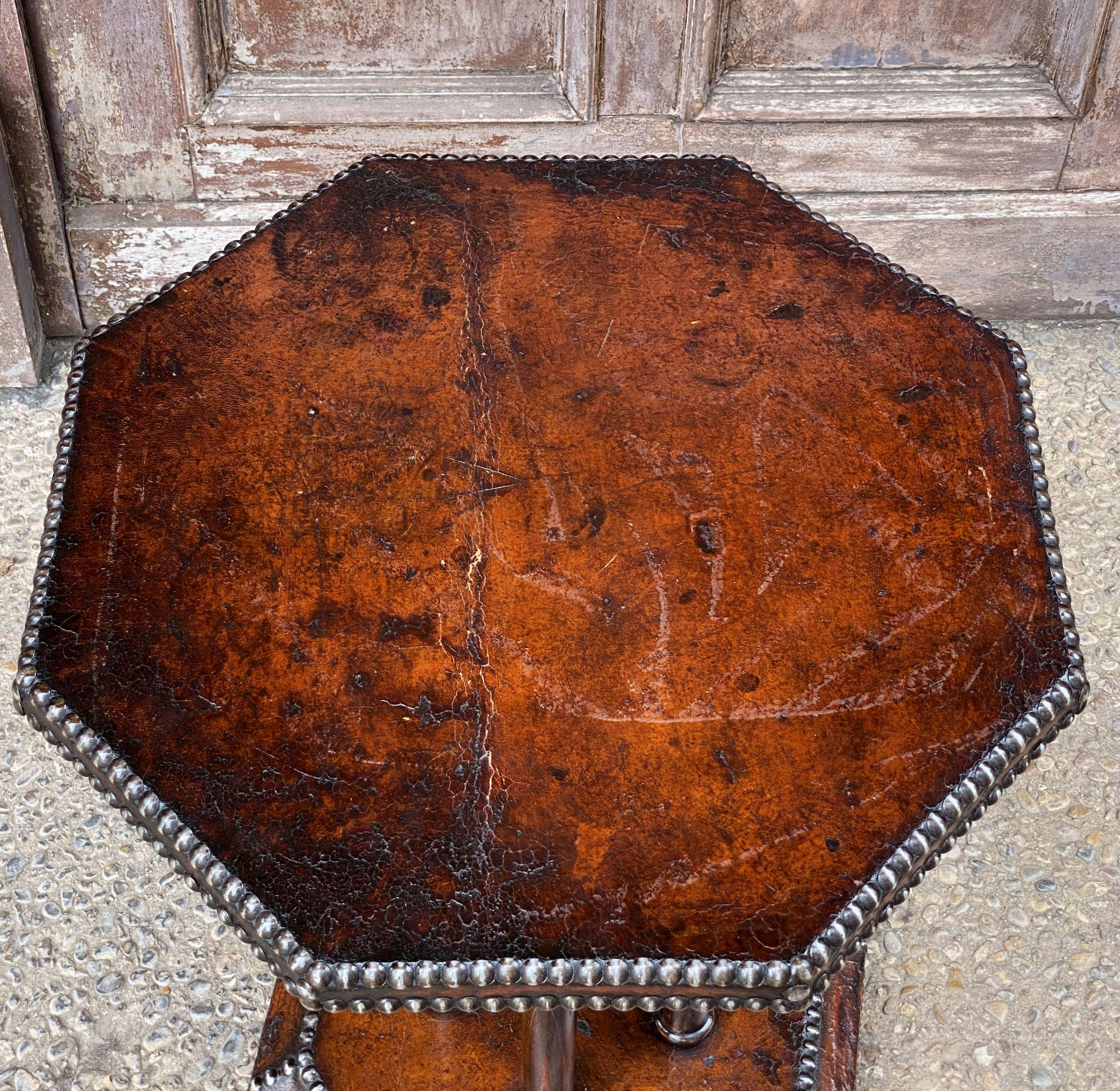 Metal French Art Deco Octagonal Bistro or Club Occasional Table of Leather