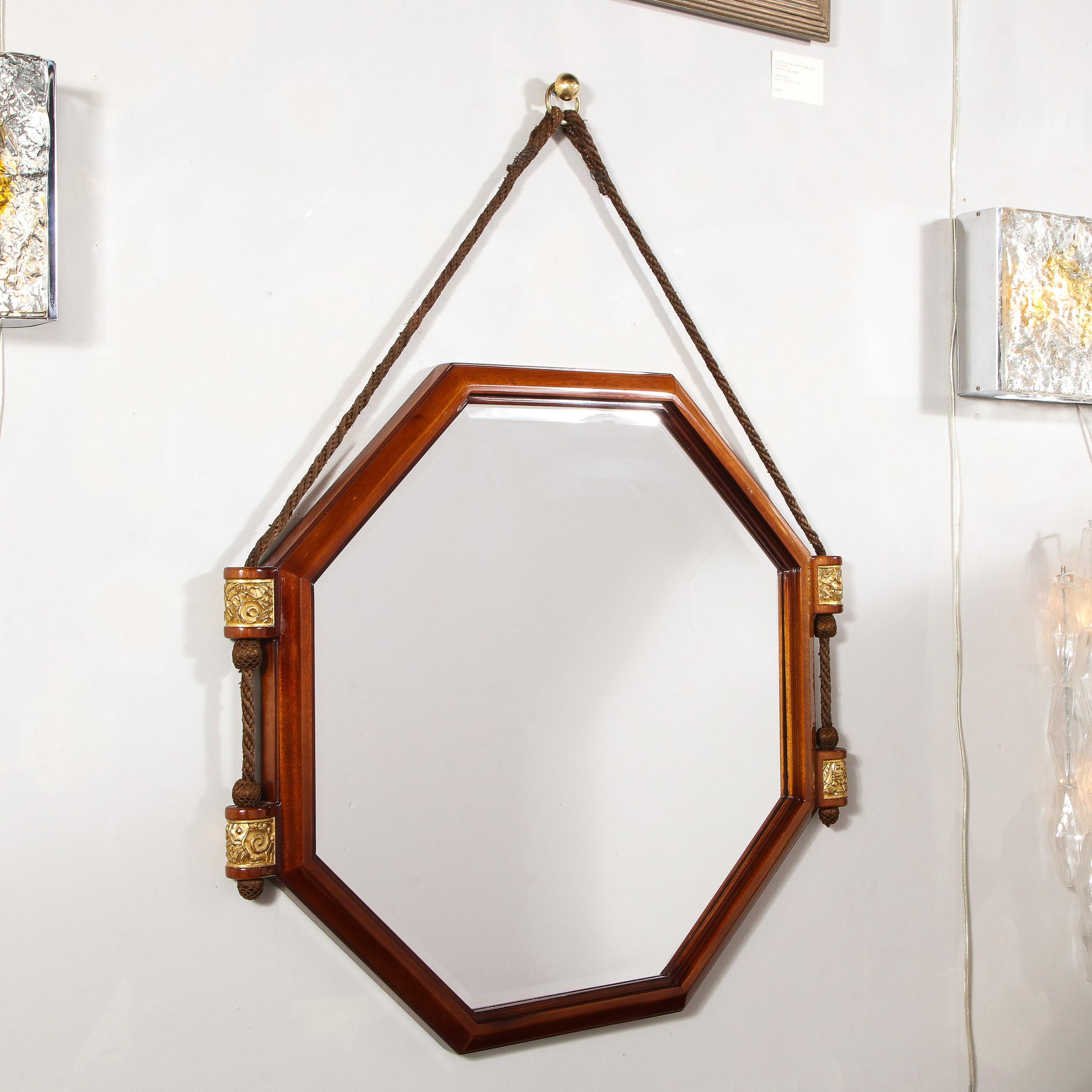 French Art Deco Octagonal Walnut Mirror with Beveled Mirror & Gilt Detailing 1