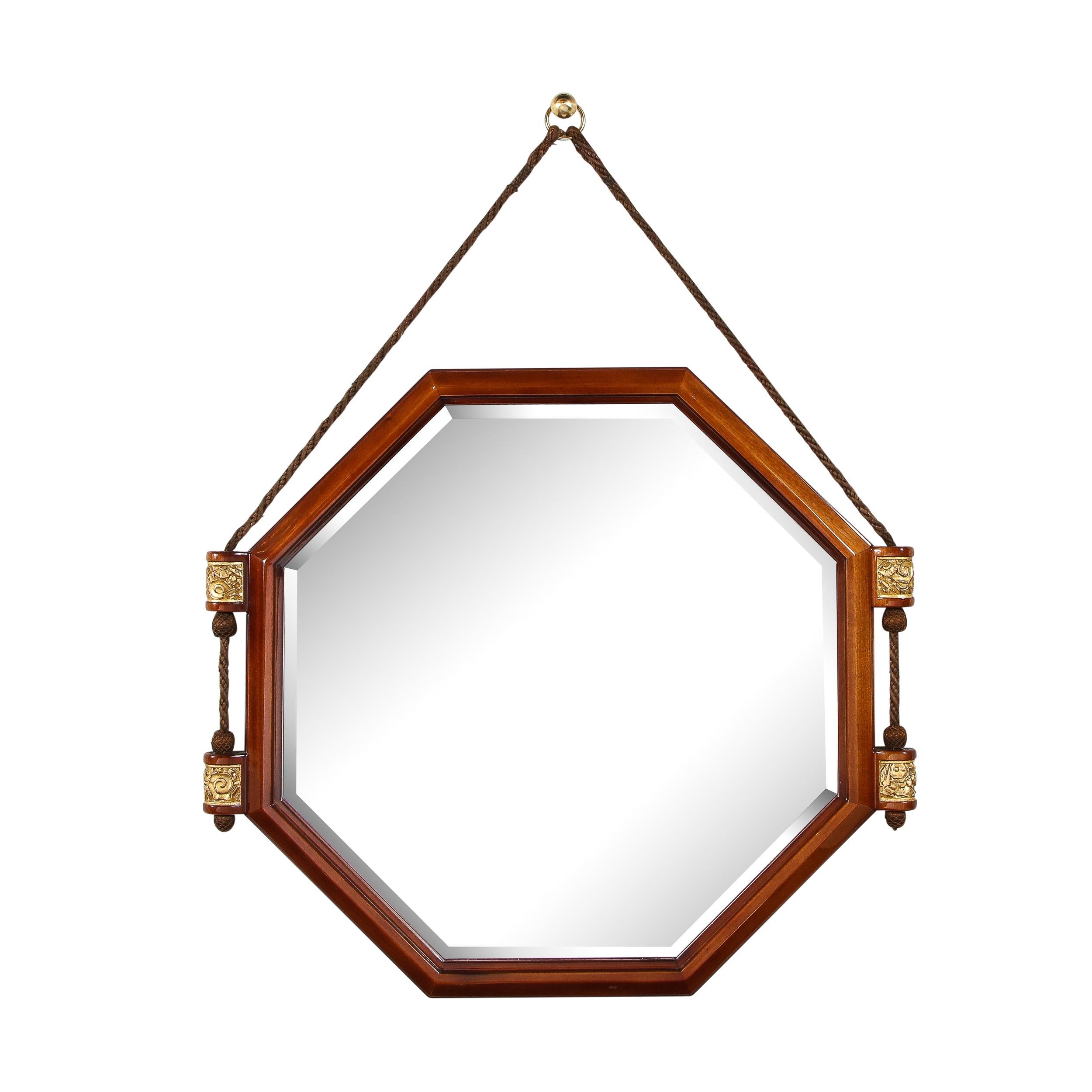 French Art Deco Octagonal Walnut Mirror with Beveled Mirror & Gilt Detailing