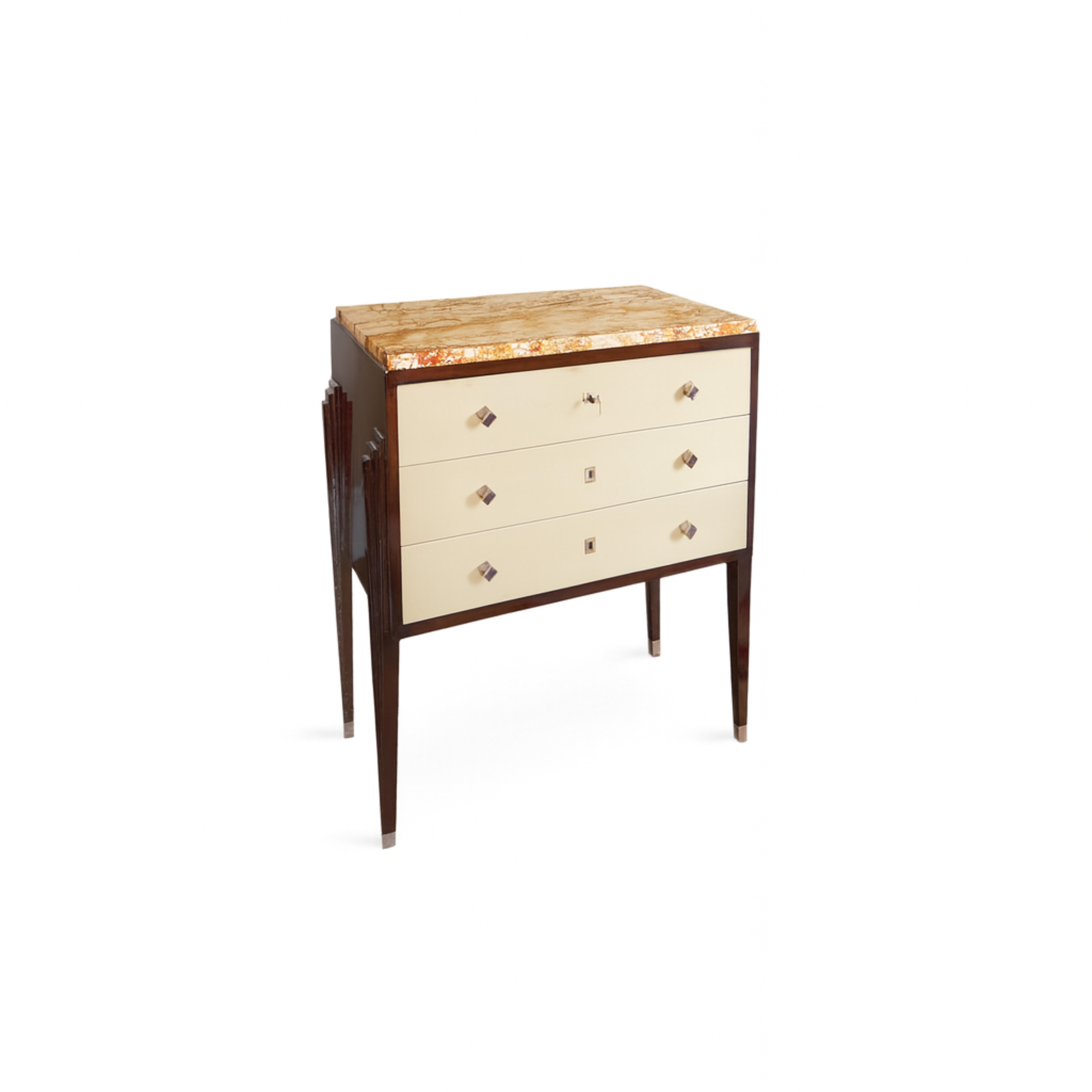 A  three-drawer commode featuring a sleek off white (color reference: #F2F0EF) finish and high-gloss  varnish in walnut complemented by elegant metal hardware. This sophisticated piece is crafted from rare red Verona marble, quarried in Verona,