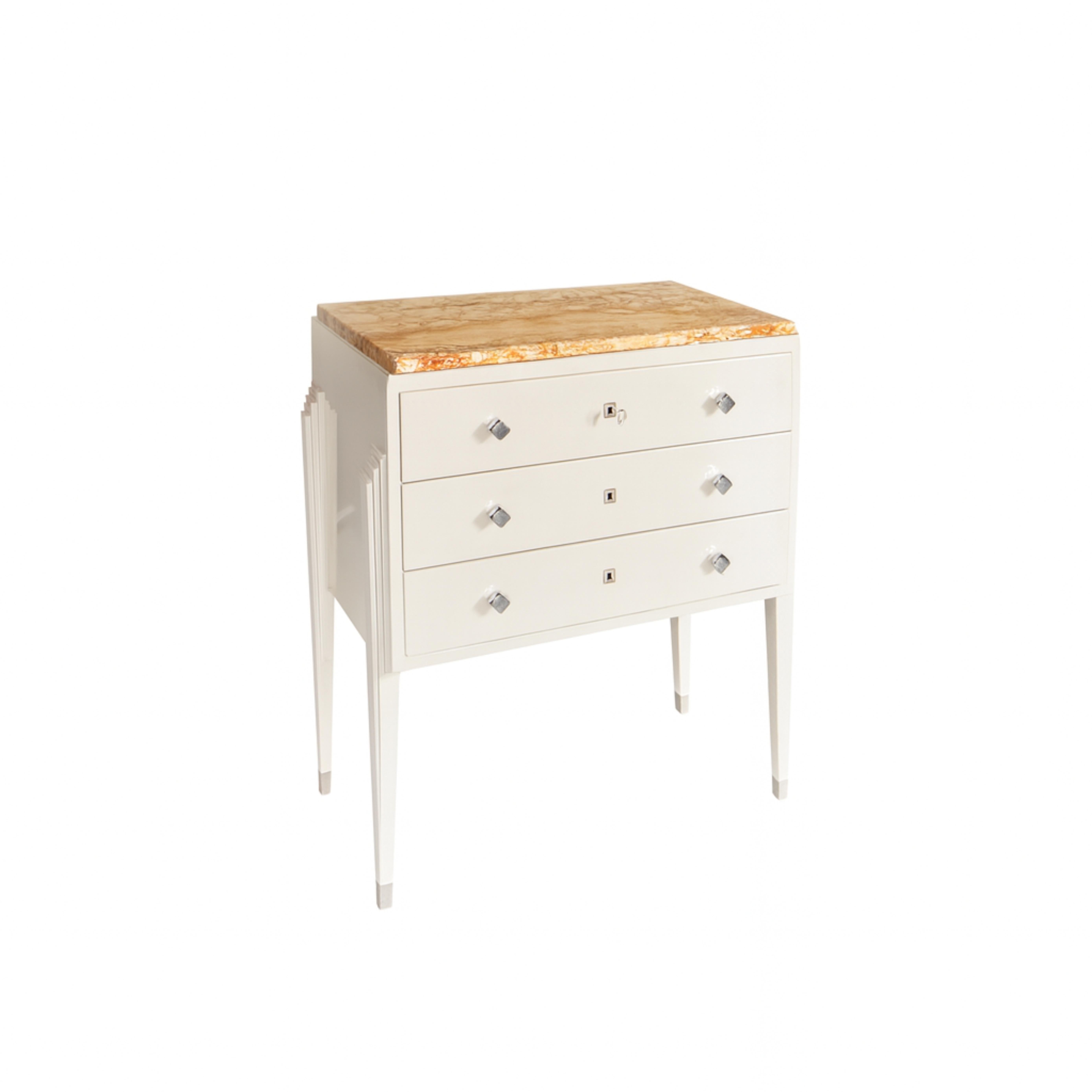 Walnut French Art Deco Off White Commode With Marble Top, 20th Century For Sale