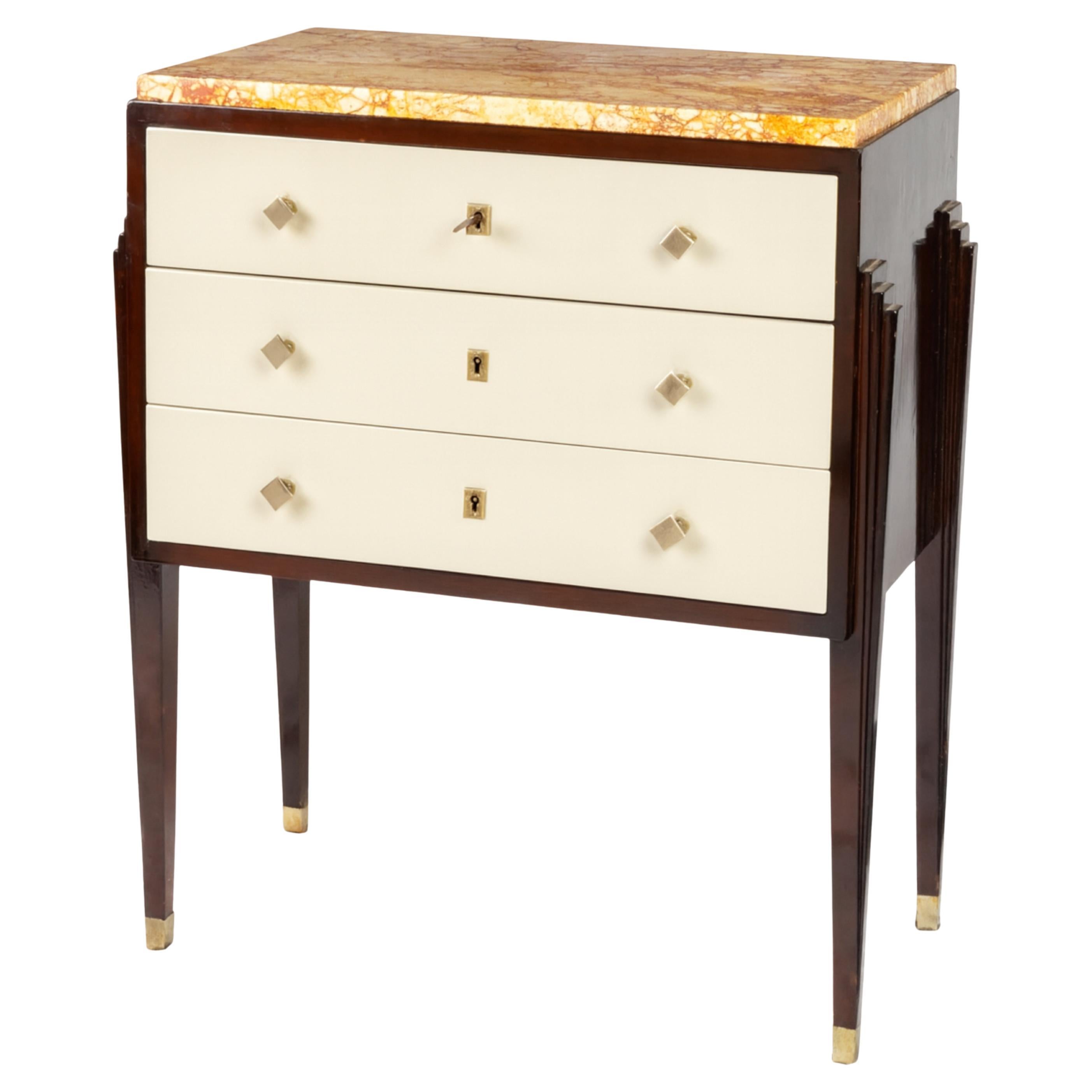 French Art Deco Off White Commode With Marble Top, 20th Century For Sale