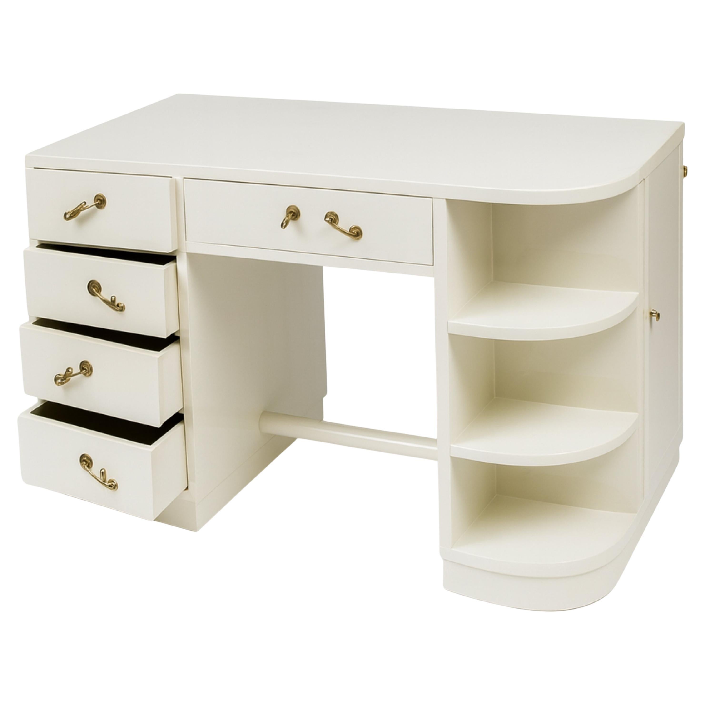 French Art Deco Off White Lacquer Walnut Desk , 20th Century