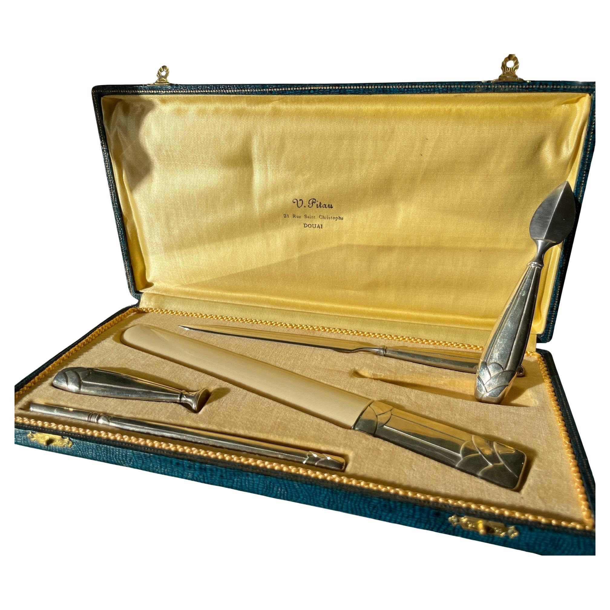 French Art Deco Office Set 1925 Silver and Ivoirine