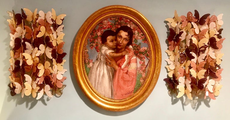 Artist Charles Ventrillon-Horber (1899-1977) has created a beautiful Madonna scene of a mother and child, with a beautiful floral background, circa 1930s, with original gold leaf frame.