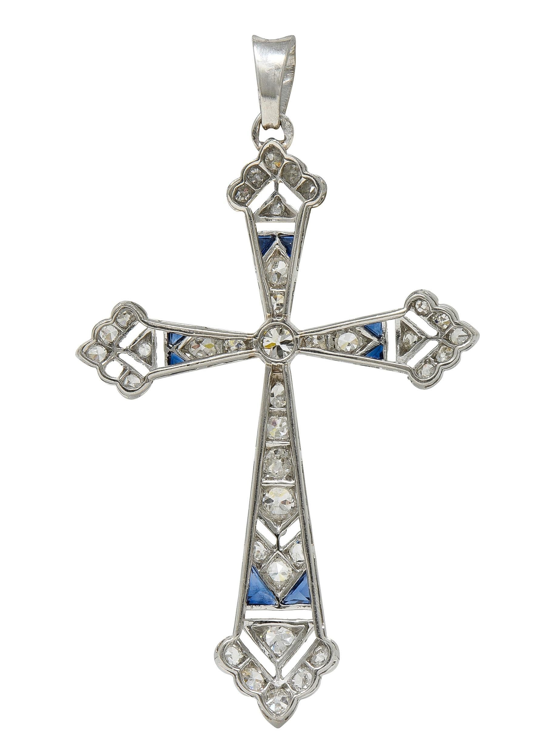 French Art Deco Old European Cut Diamond Sapphire Platinum Vintage Cross Anhänger (Art déco) im Angebot