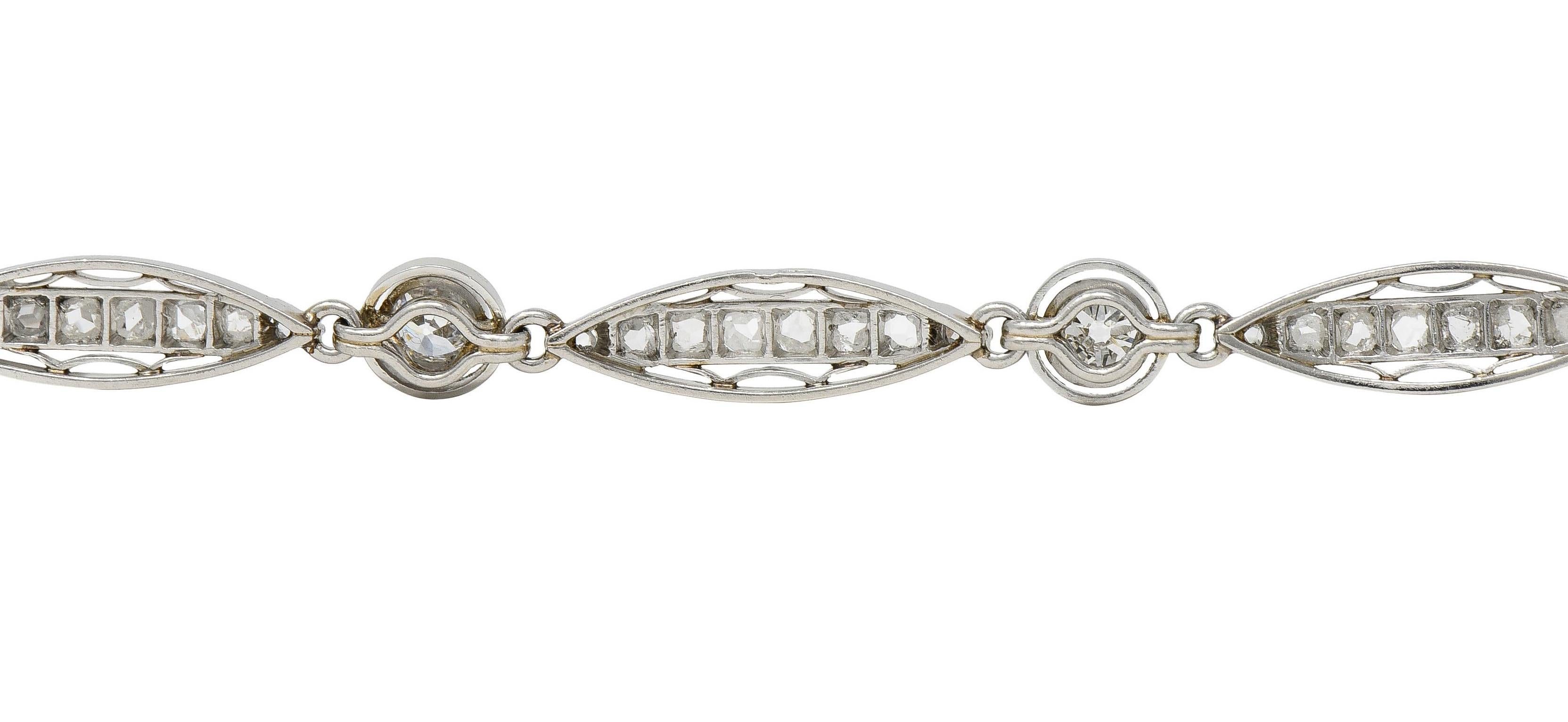French Art Deco Old European Diamond Platinum Vintage Fancy Link Line Bracelet 5