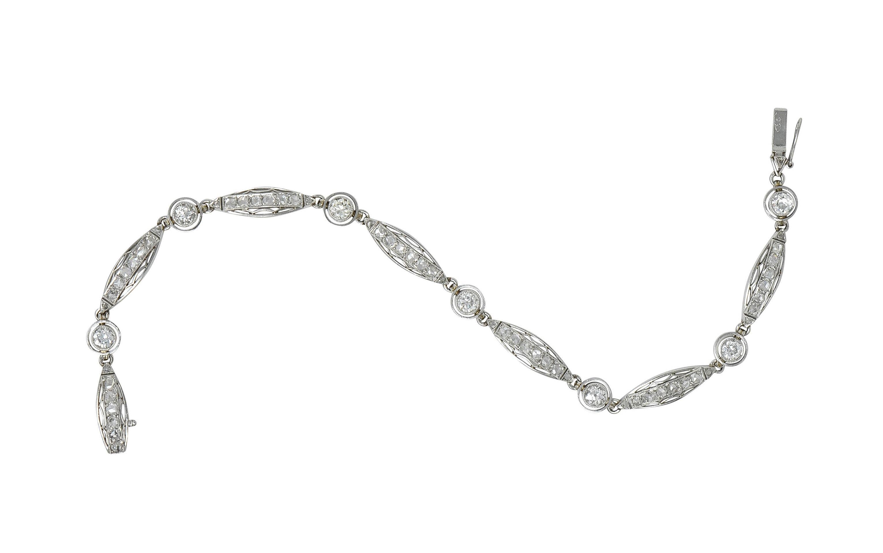 French Art Deco Old European Diamond Platinum Vintage Fancy Link Line Bracelet 7