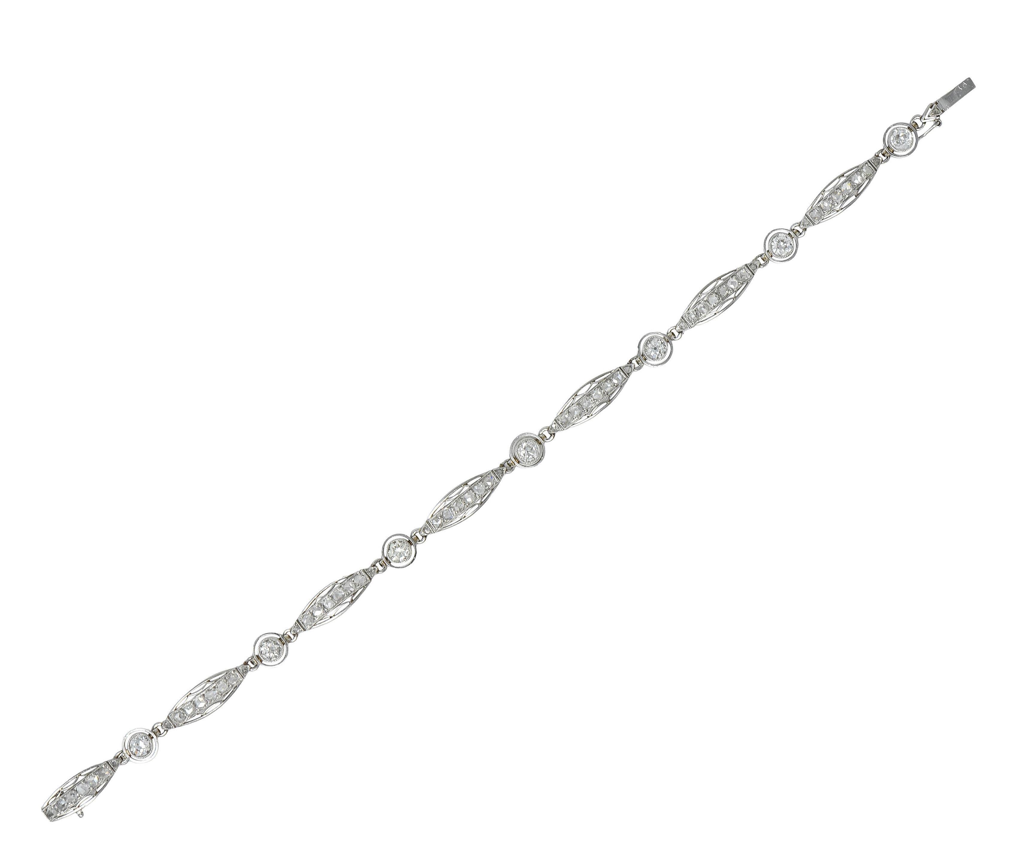 Old European Cut French Art Deco Old European Diamond Platinum Vintage Fancy Link Line Bracelet