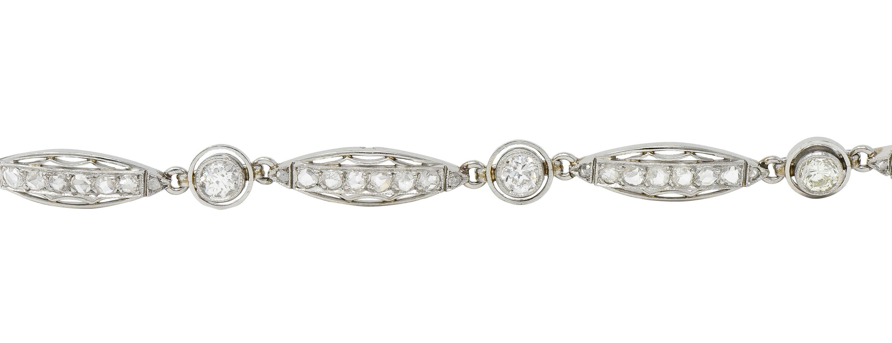 French Art Deco Old European Diamond Platinum Vintage Fancy Link Line Bracelet In Excellent Condition In Philadelphia, PA