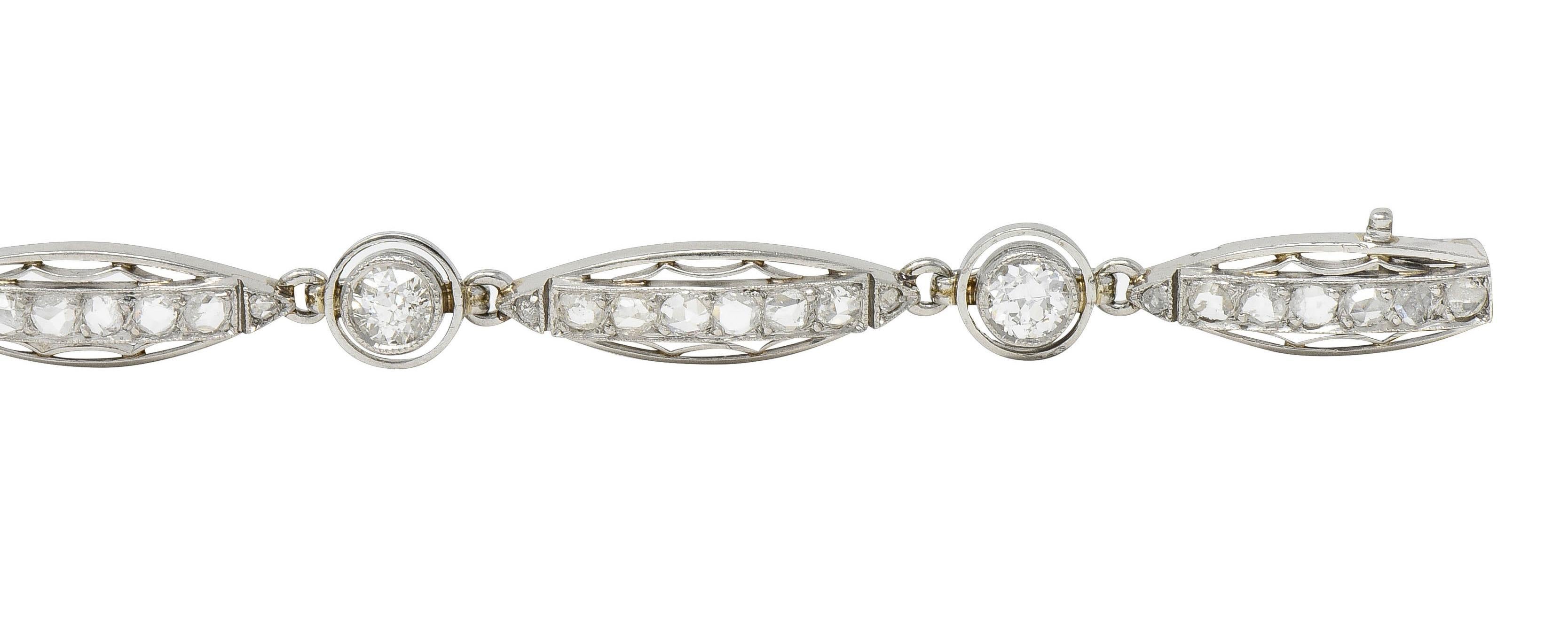 Women's or Men's French Art Deco Old European Diamond Platinum Vintage Fancy Link Line Bracelet