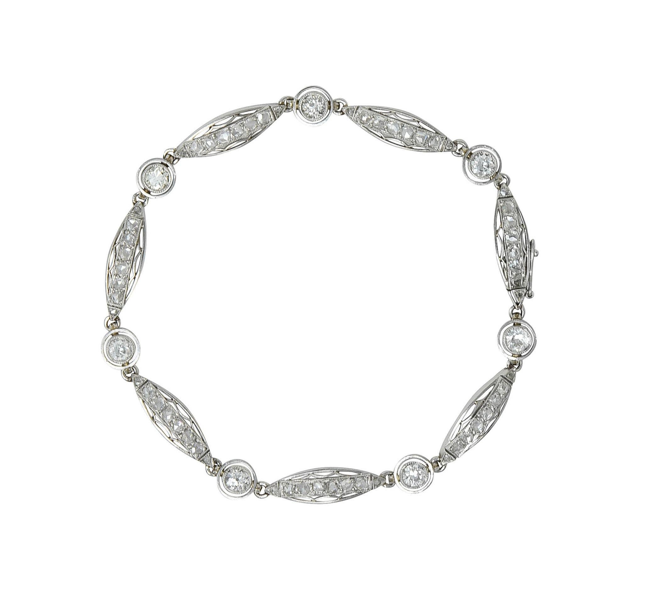 French Art Deco Old European Diamond Platinum Vintage Fancy Link Line Bracelet 1