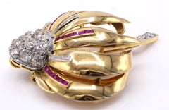 French Art Deco Old Mine Diamond Ruby Platinum 18 Karat Gold Flower Brooch