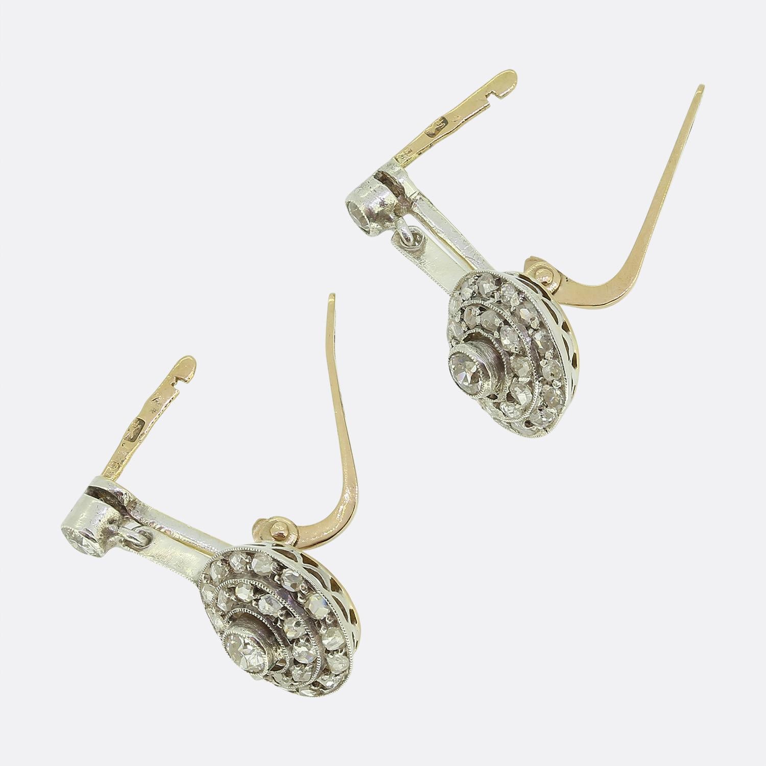 Pendientes en racimo de diamantes franceses Art Déco talla antigua y rosa Art Decó en venta