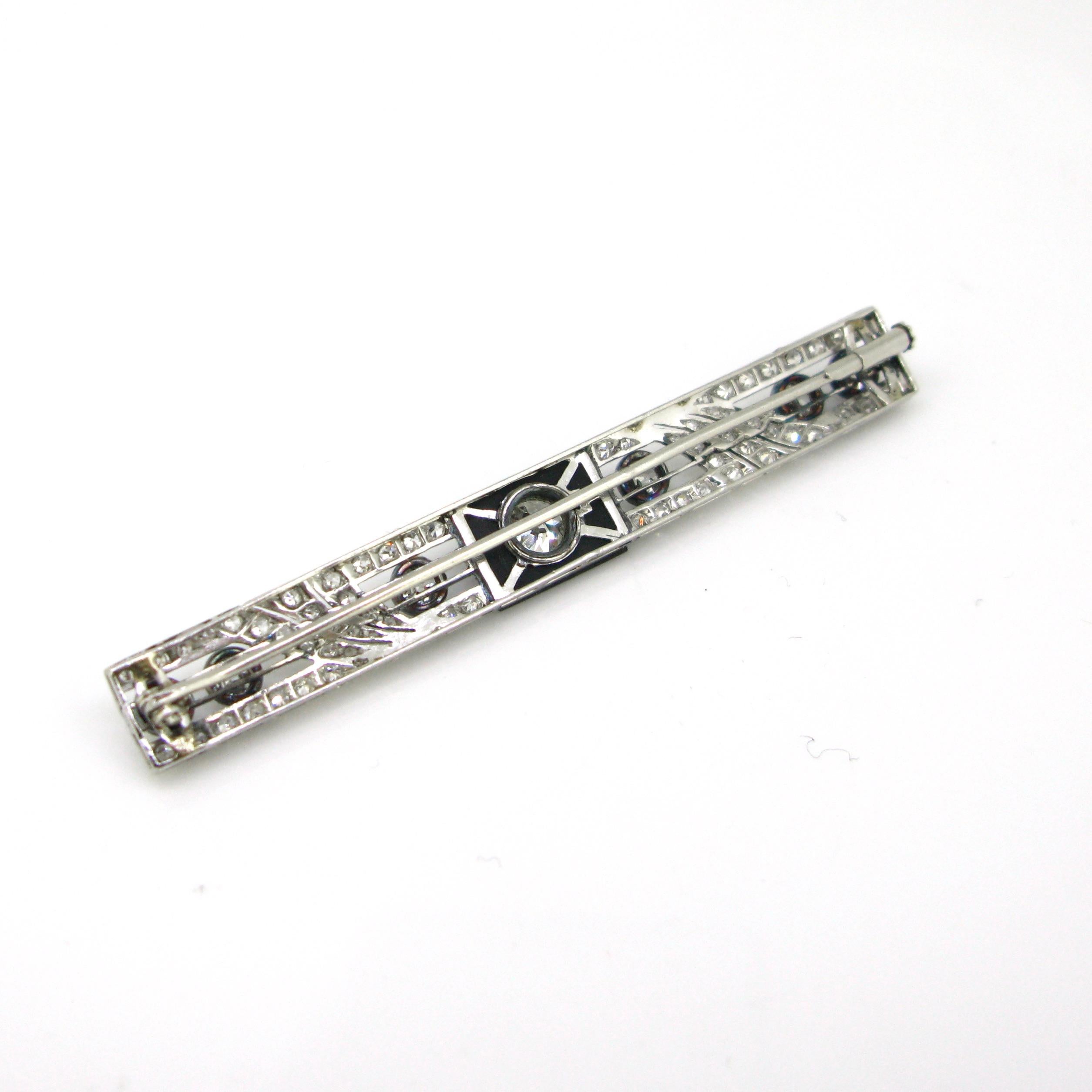 Old European Cut French Art Deco Onyx and Diamonds Platinum Bar Brooch For Sale