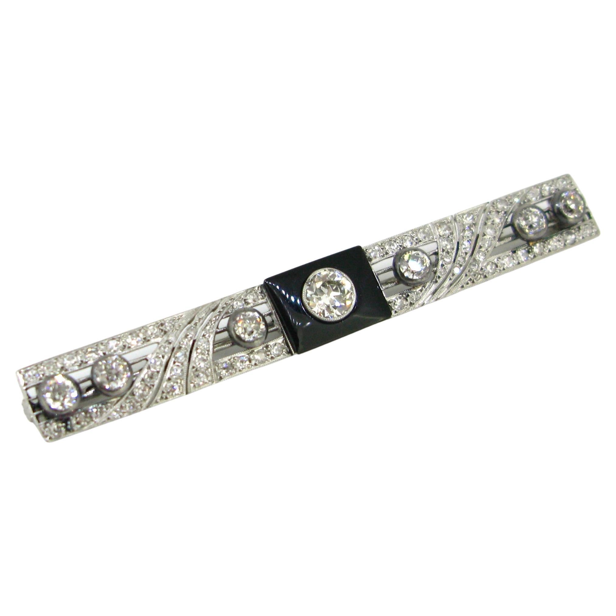 French Art Deco Onyx and Diamonds Platinum Bar Brooch For Sale