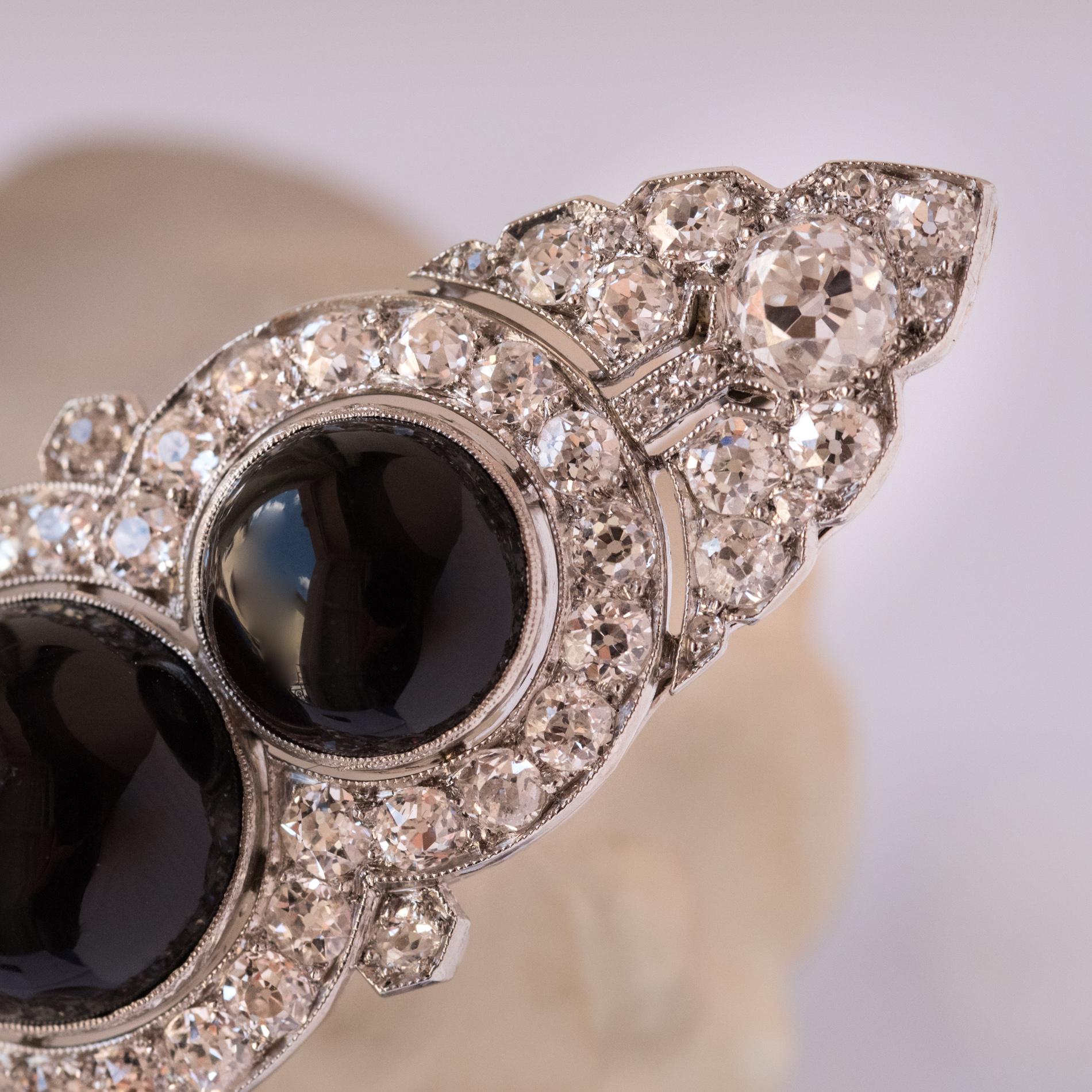 Women's French Art Deco Onyx Diamond Platinum Brooch