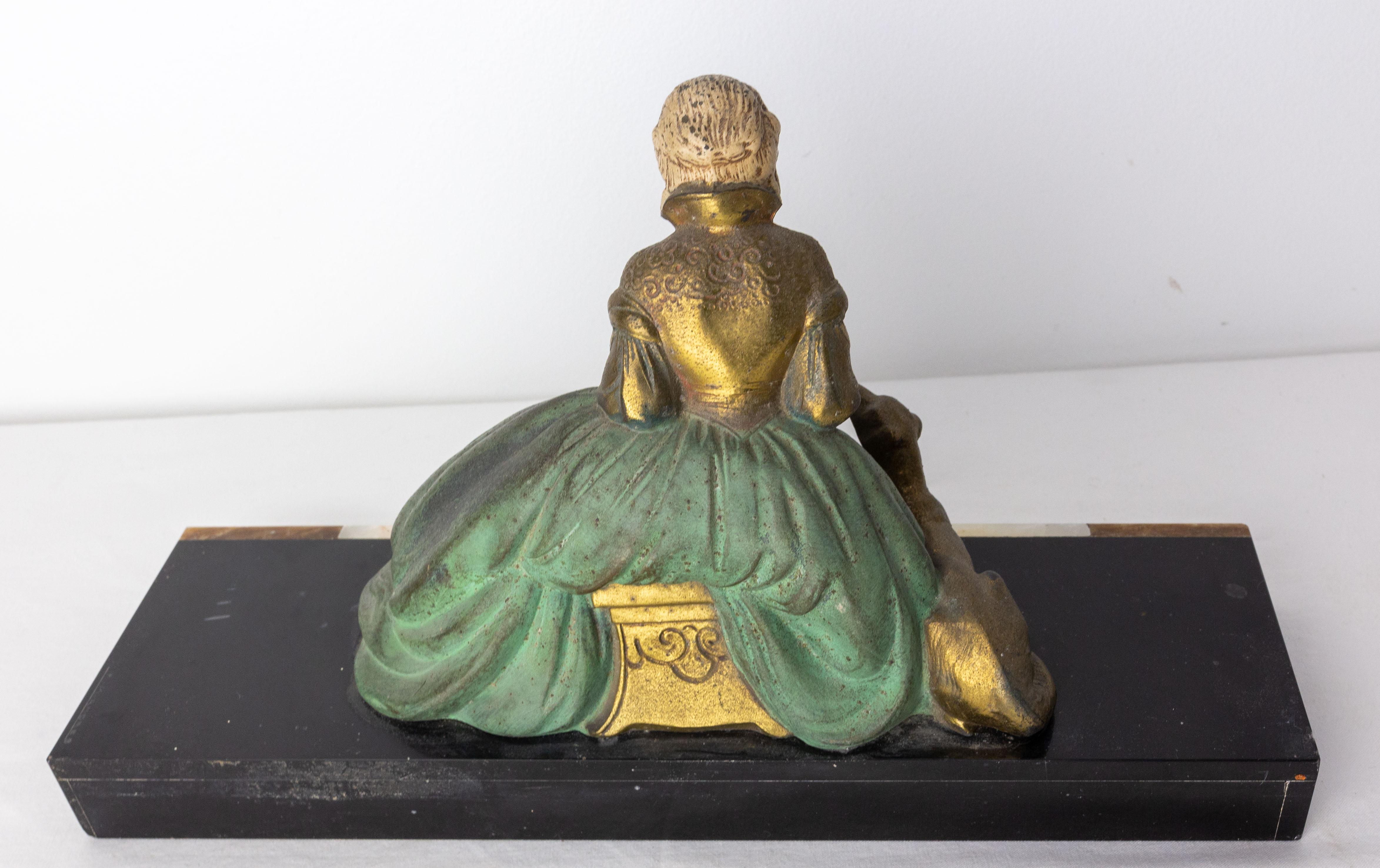 French Art Deco Onyx & Polychrome Spelter Reading Woman with Dog, circa 1930 For Sale 1