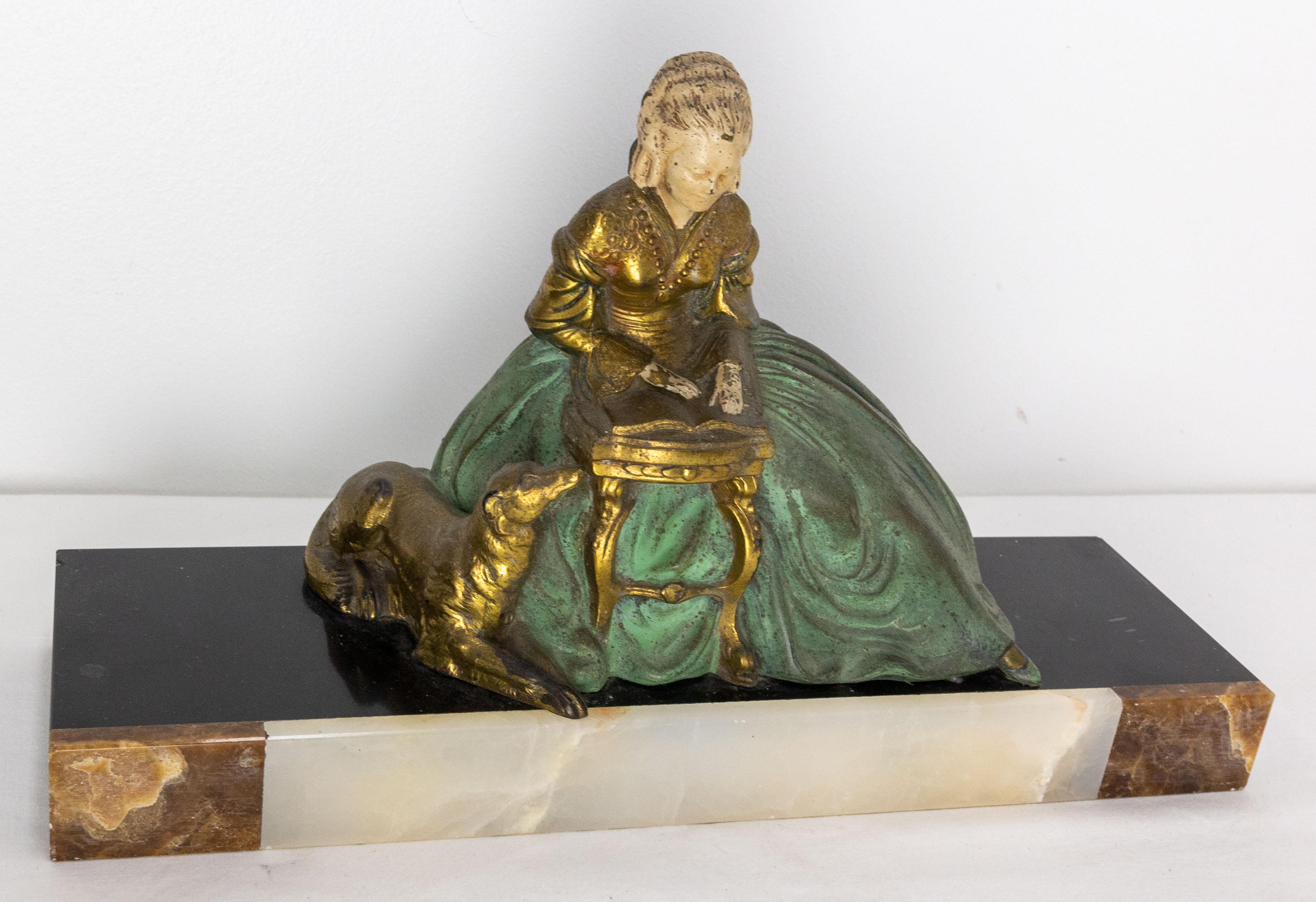 French Art Deco Onyx & Polychrome Spelter Reading Woman with Dog, circa 1930 For Sale 2