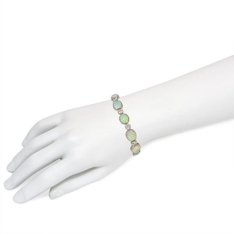 Women's or Men's French Art Deco Opal, Diamond, and Platinum Line Bracelet For Sale