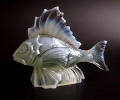 French Art Deco Opal Green Glass Fish Statue by CLA