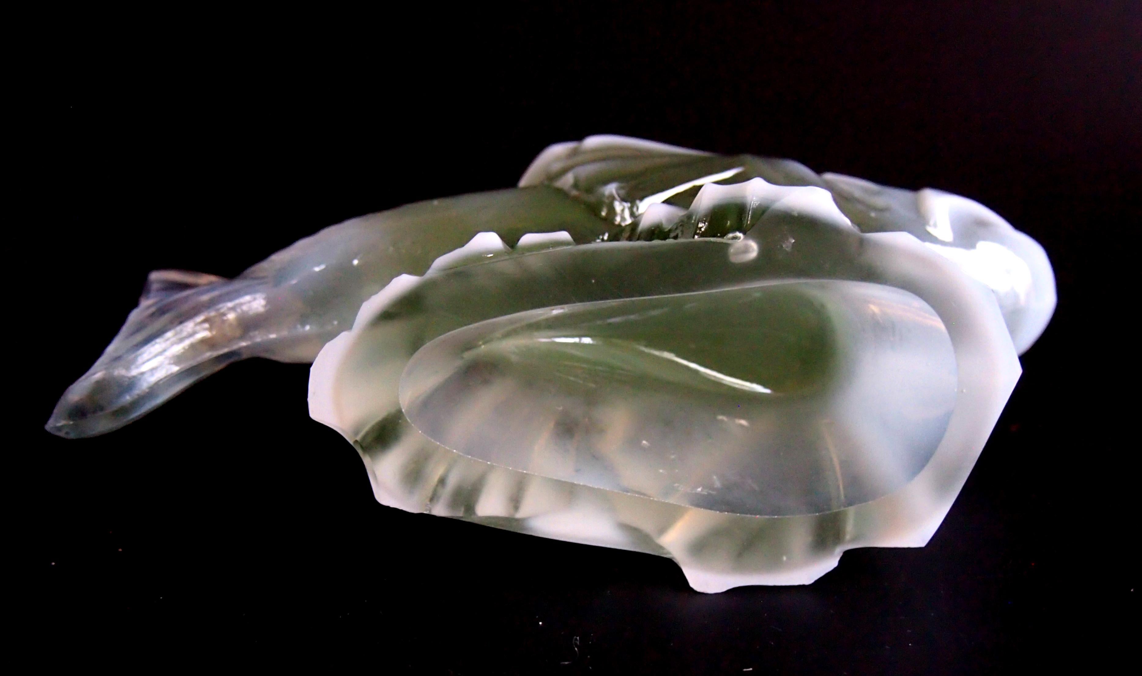 French Art Deco Opal Green Glass Fish Statue by CLA For Sale 2