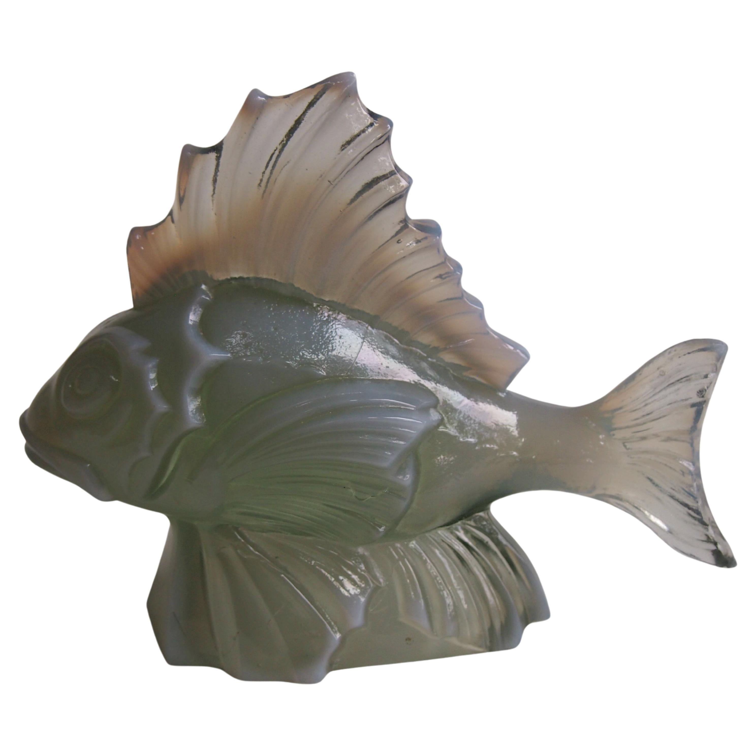 French Art Deco Opal Green Glass Fish Statue by CLA For Sale