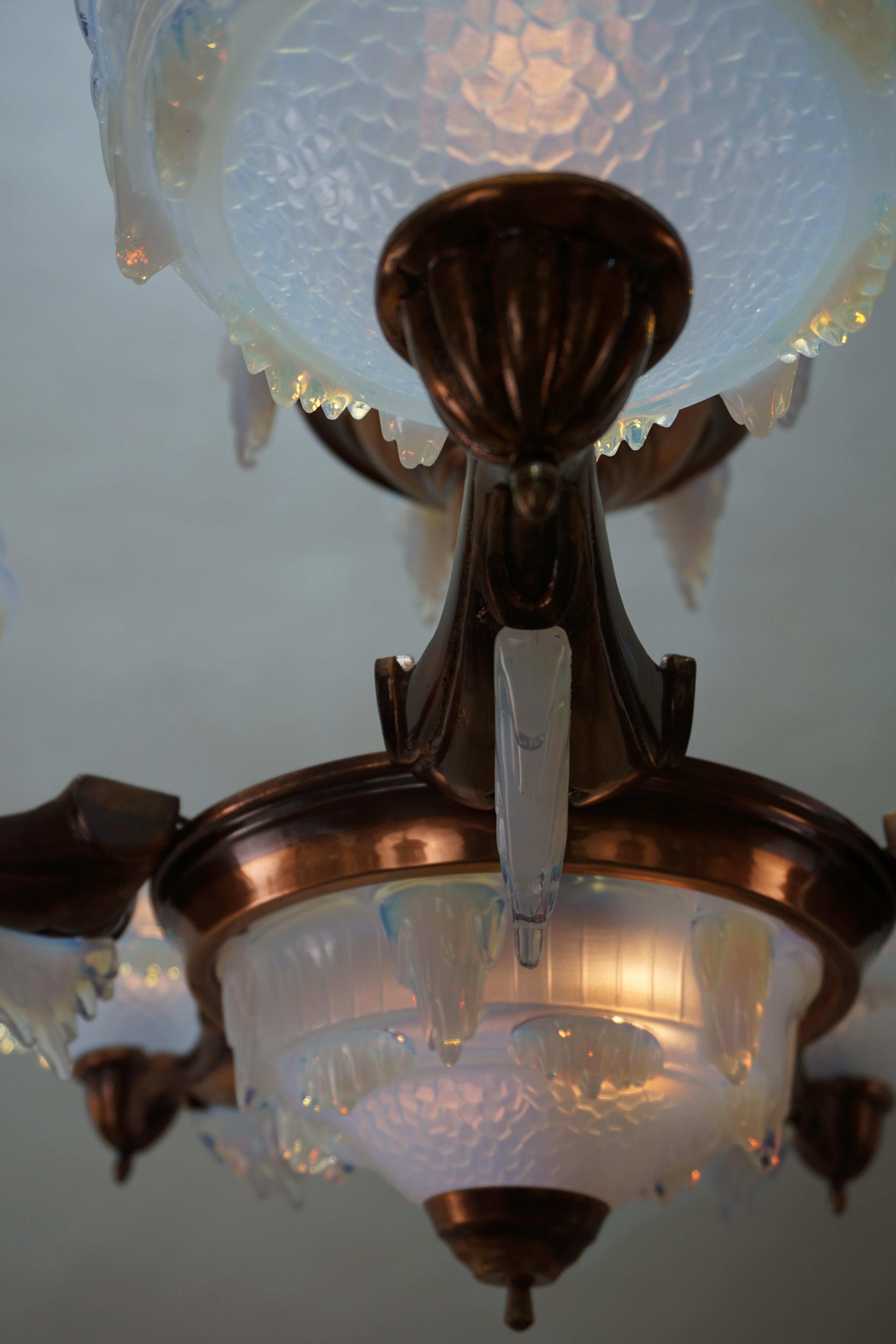 French Art Deco Opalescent Glass Chandelier by Ezan 4