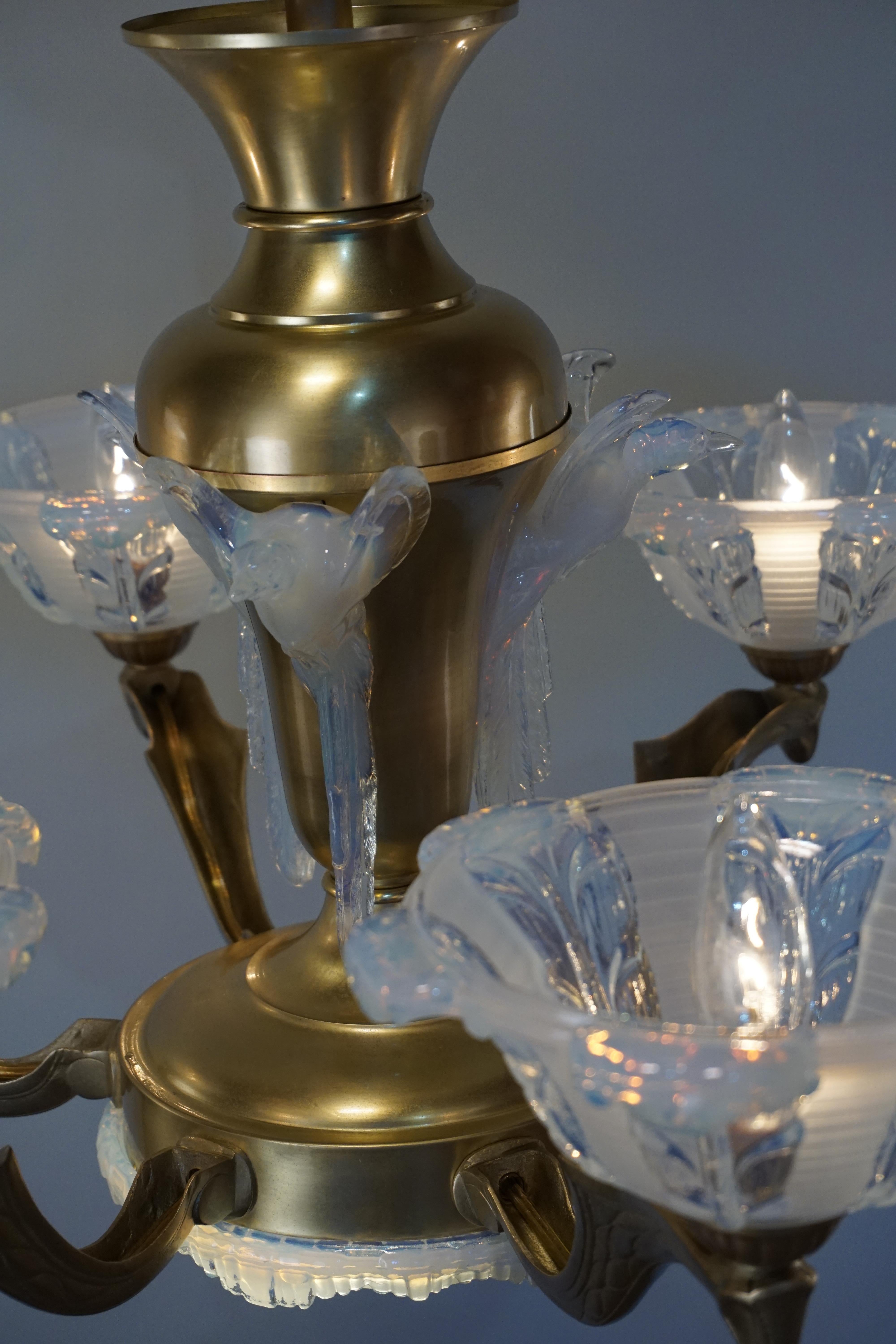 French Art Deco Opalescent Glass Chandelier by Ezan 6