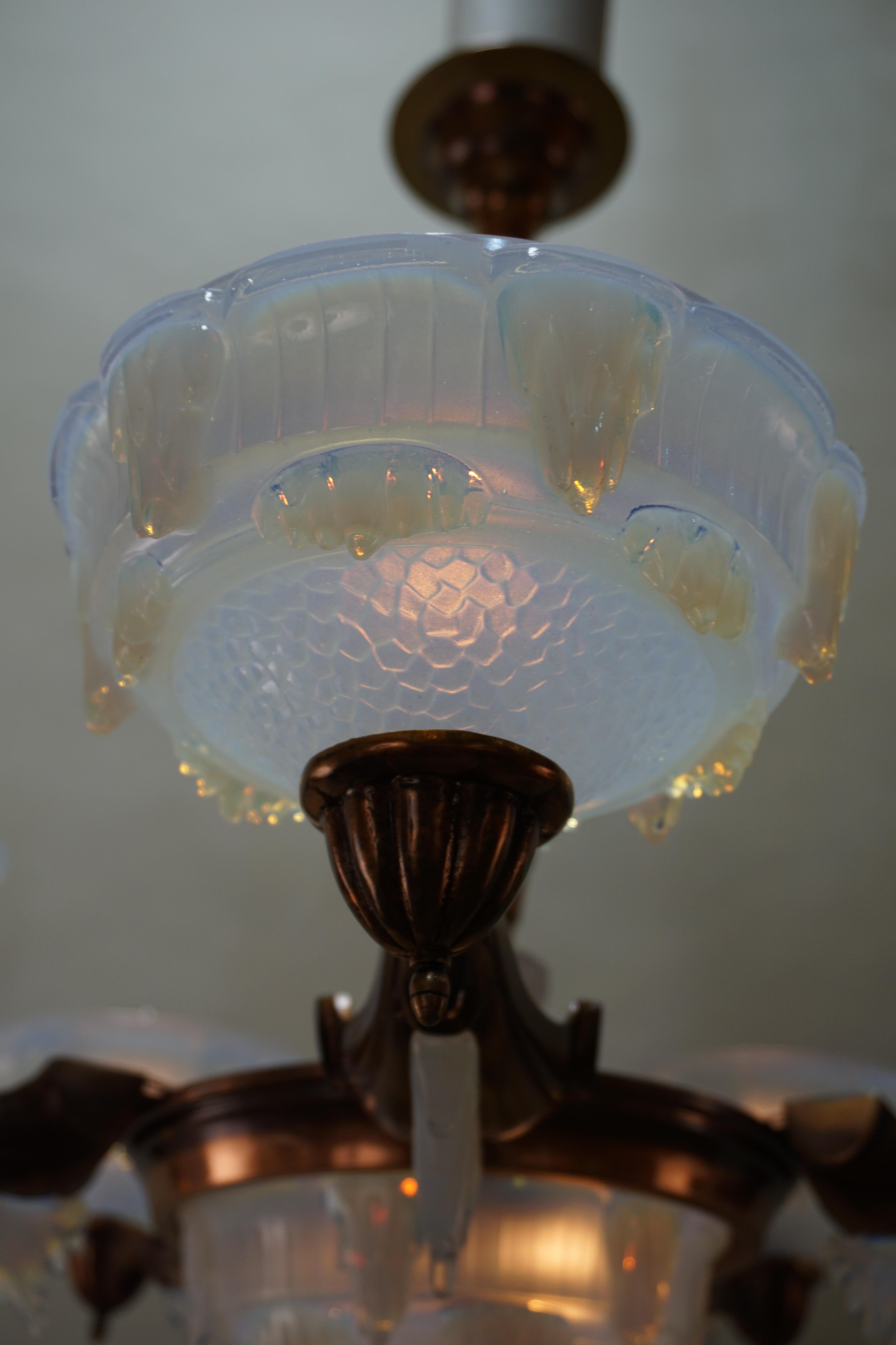 French Art Deco Opalescent Glass Chandelier by Ezan 5
