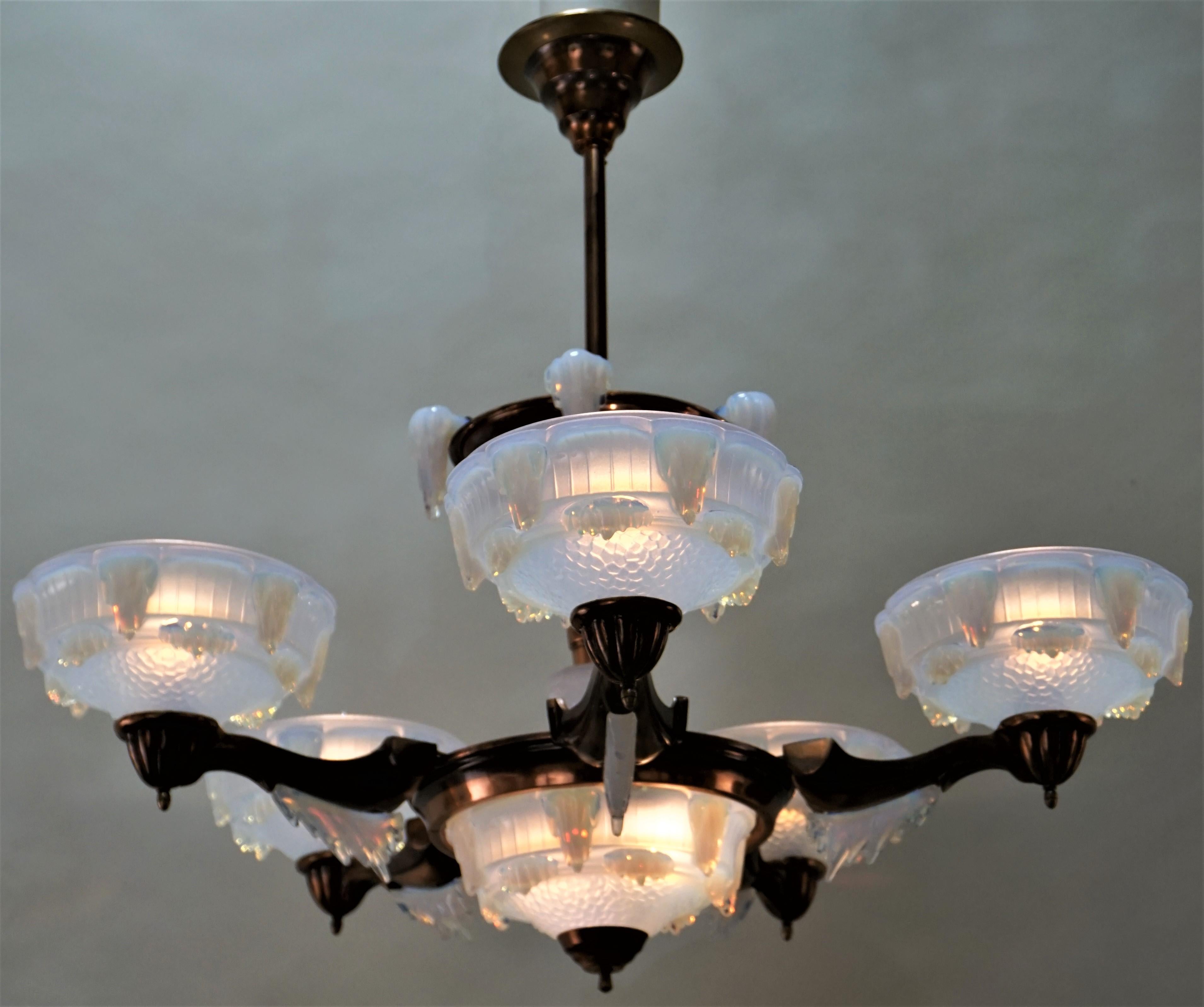 French 1930s copper finish chandelier with opalescent glass shades.