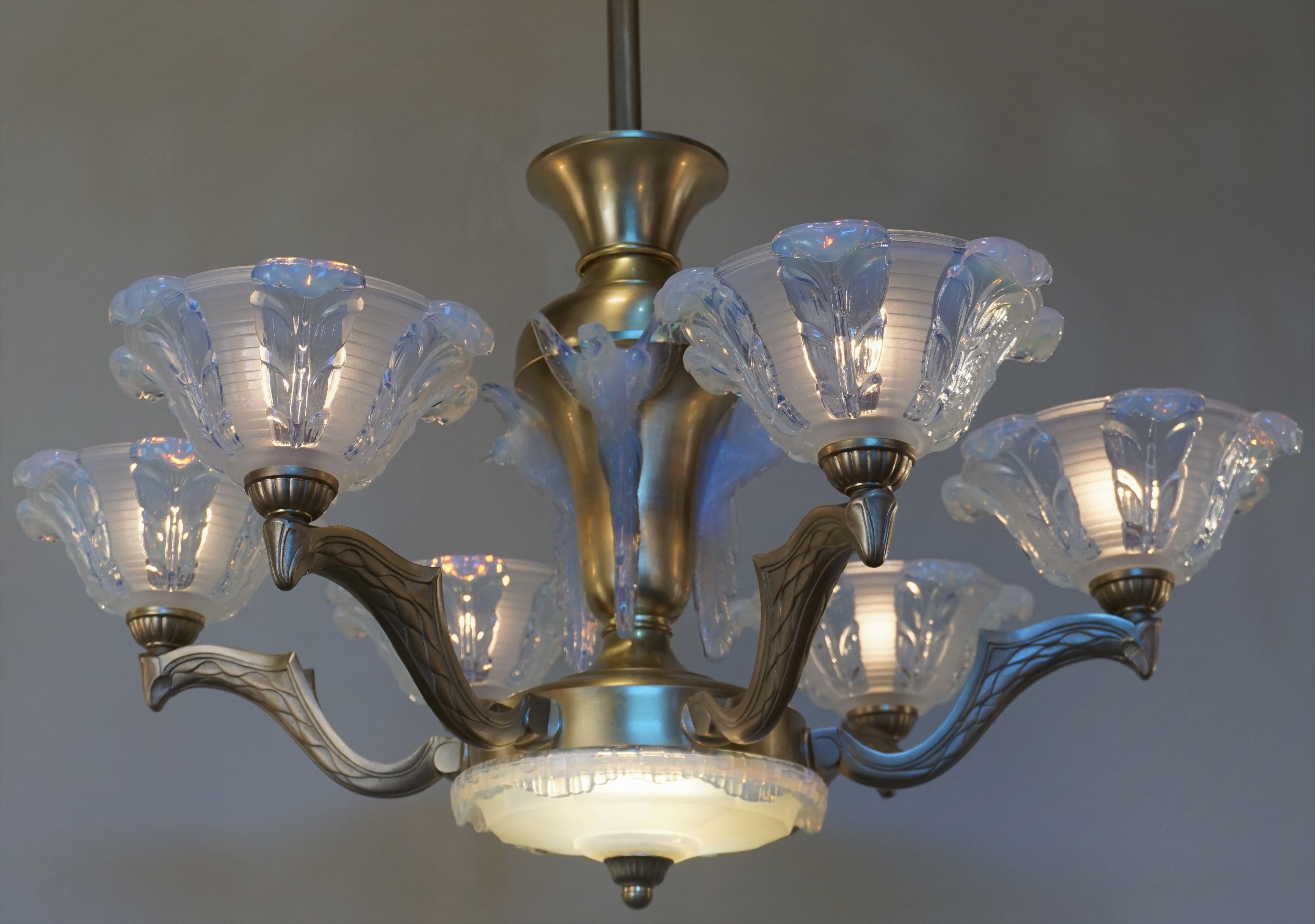 French 1930s bronze Art Deco chandelier with opalescent glass by Ezan.