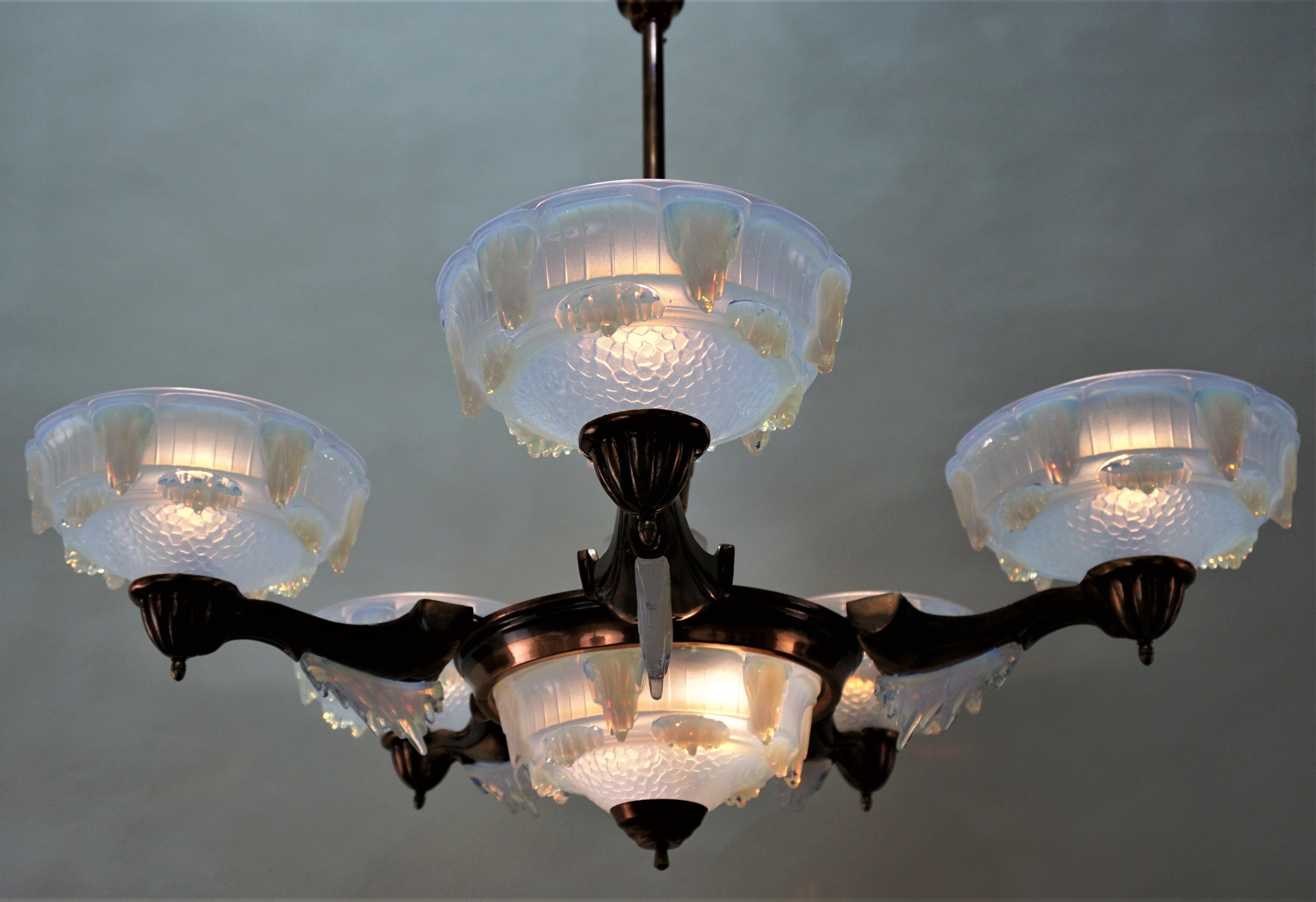 Plated French Art Deco Opalescent Glass Chandelier by Ezan