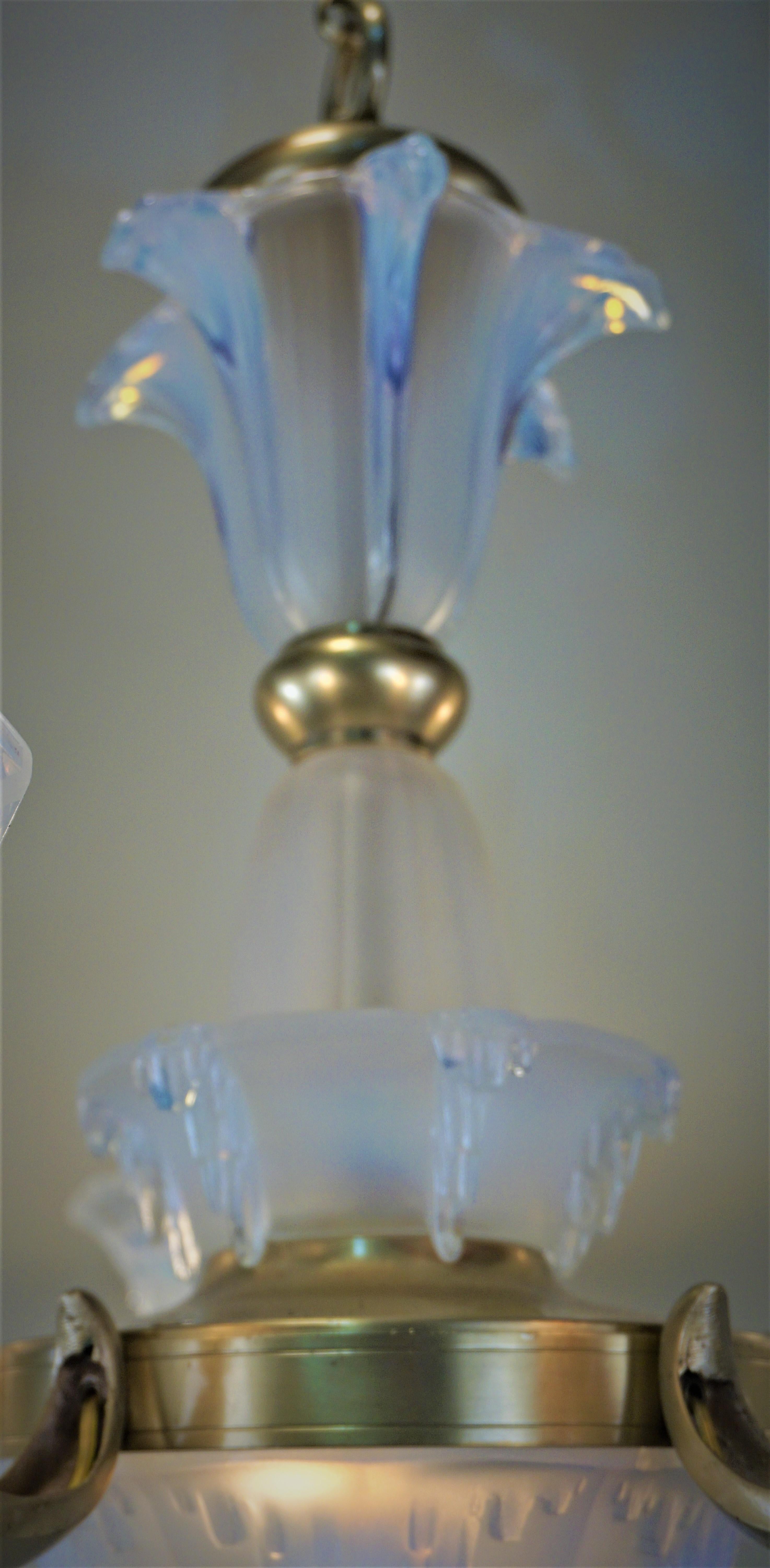 Bronze French Art Deco Opalescent Glass Chandelier by Ezan