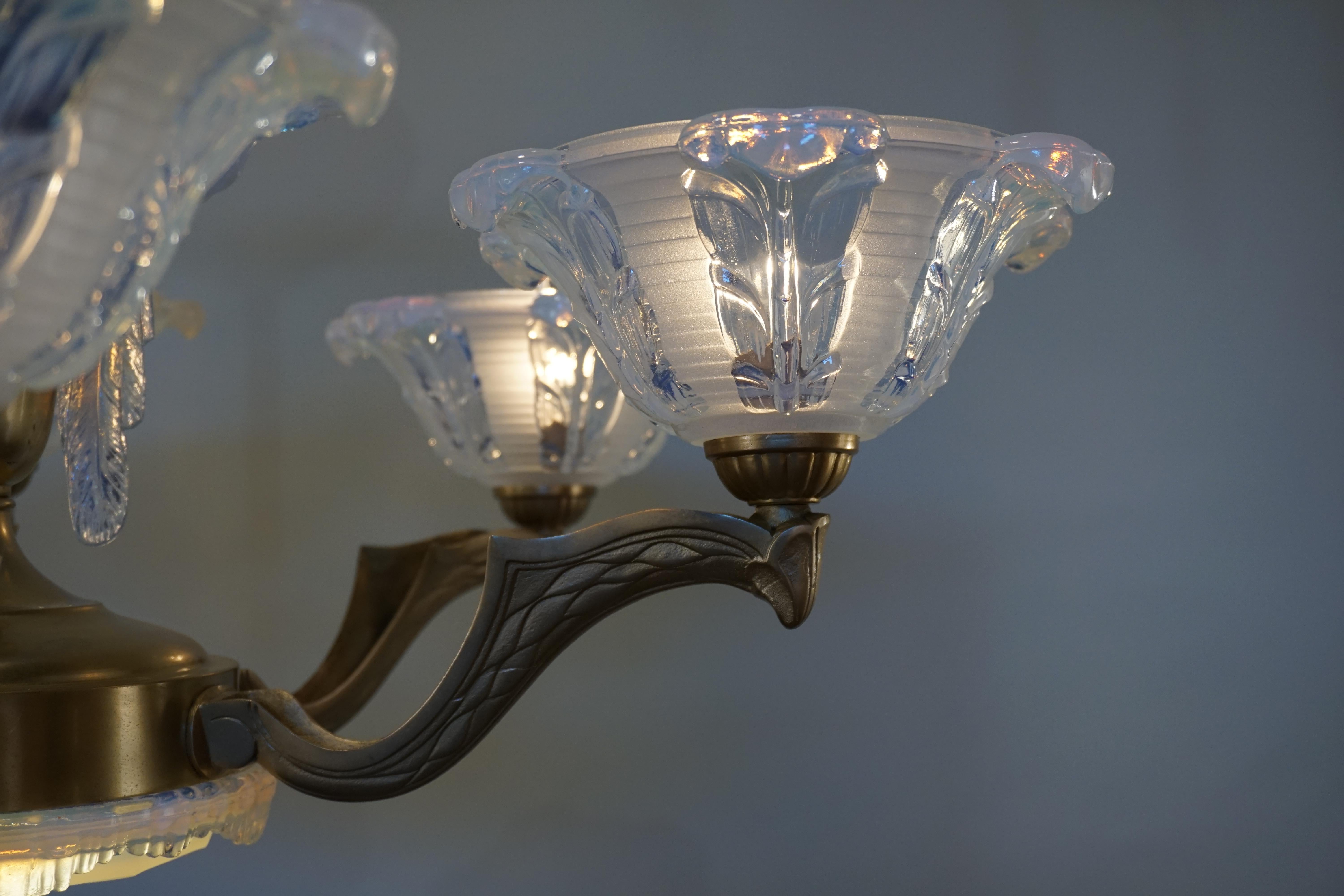 Bronze French Art Deco Opalescent Glass Chandelier by Ezan