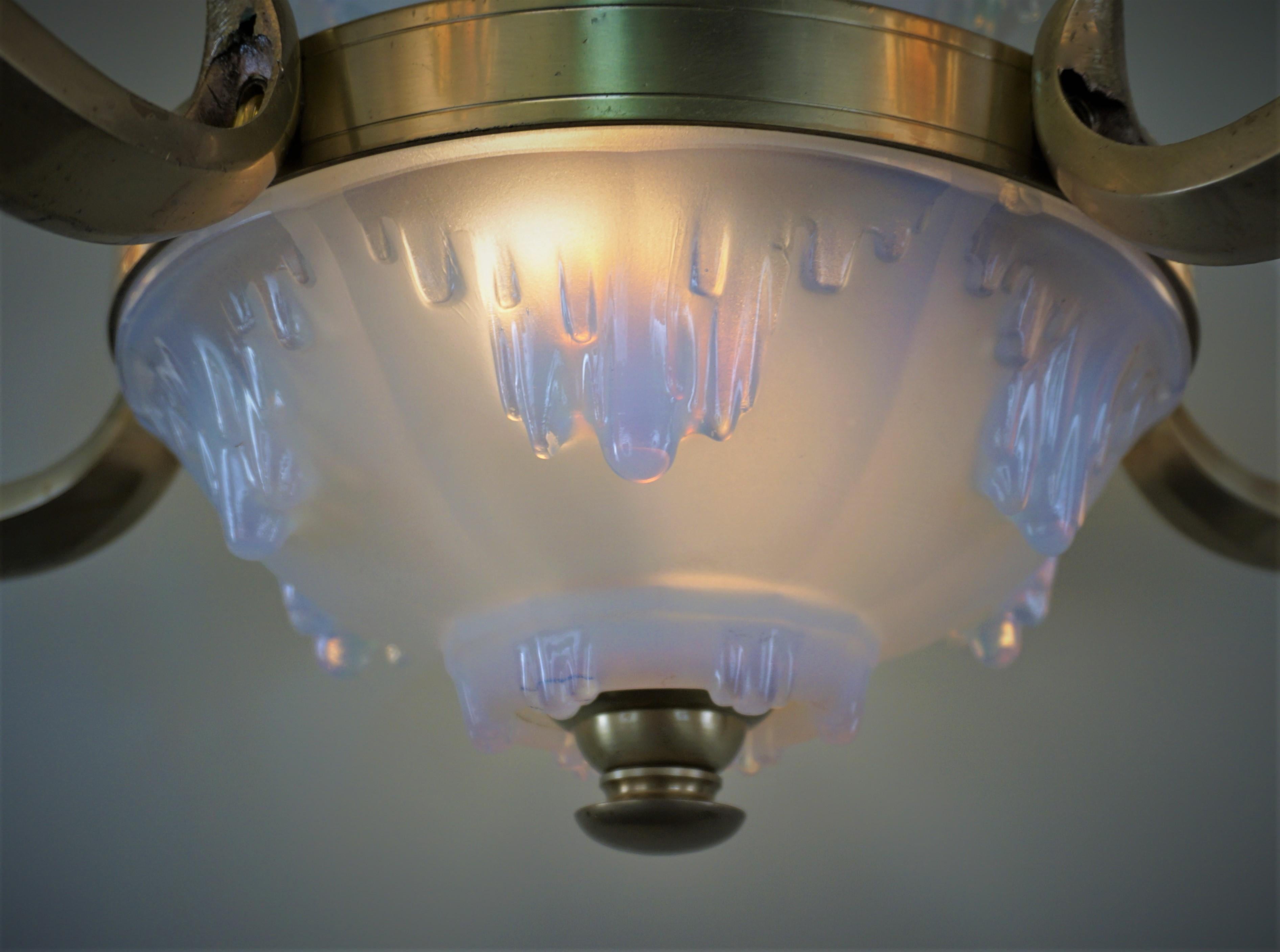 French Art Deco Opalescent Glass Chandelier by Ezan 1