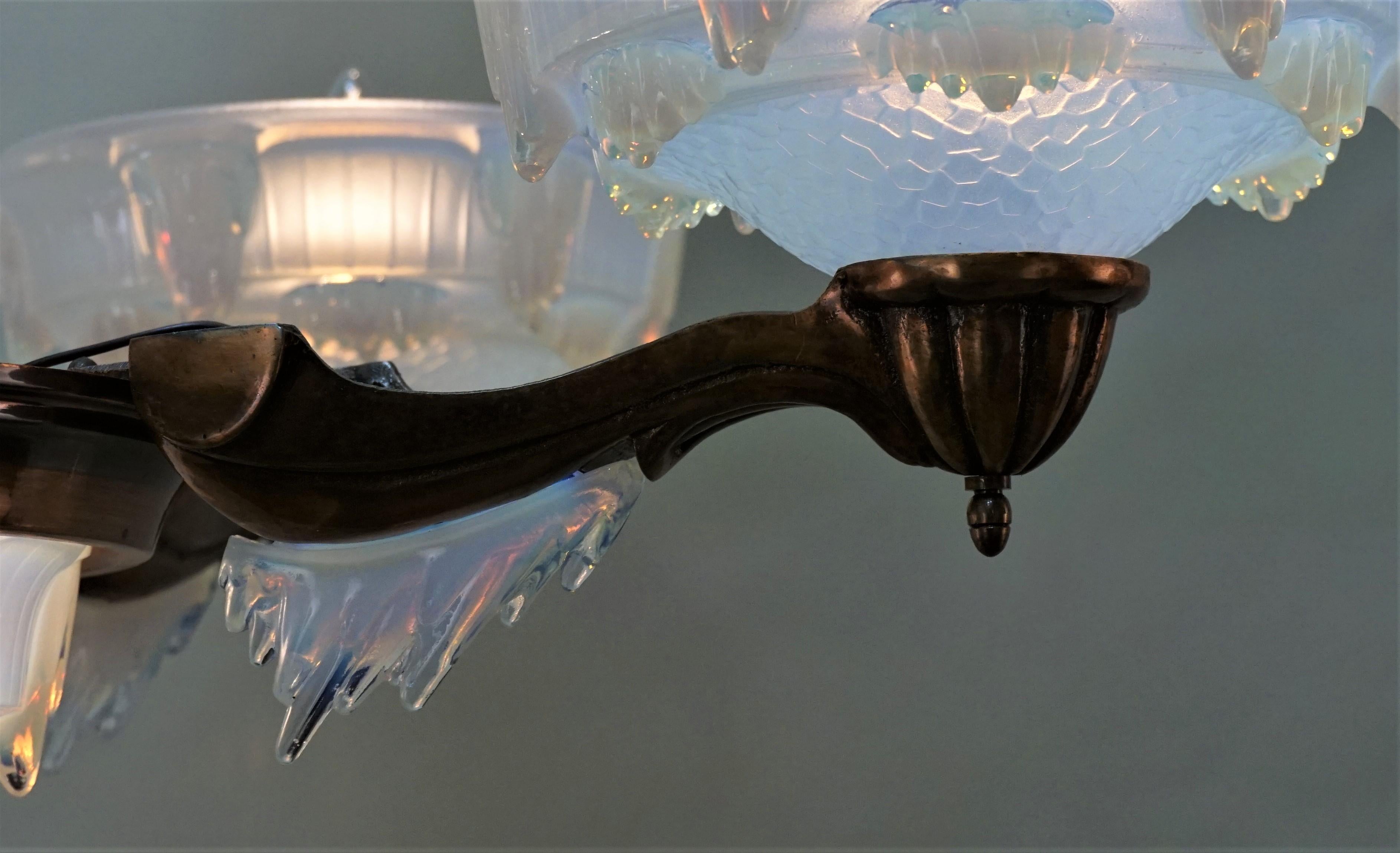 French Art Deco Opalescent Glass Chandelier by Ezan 1