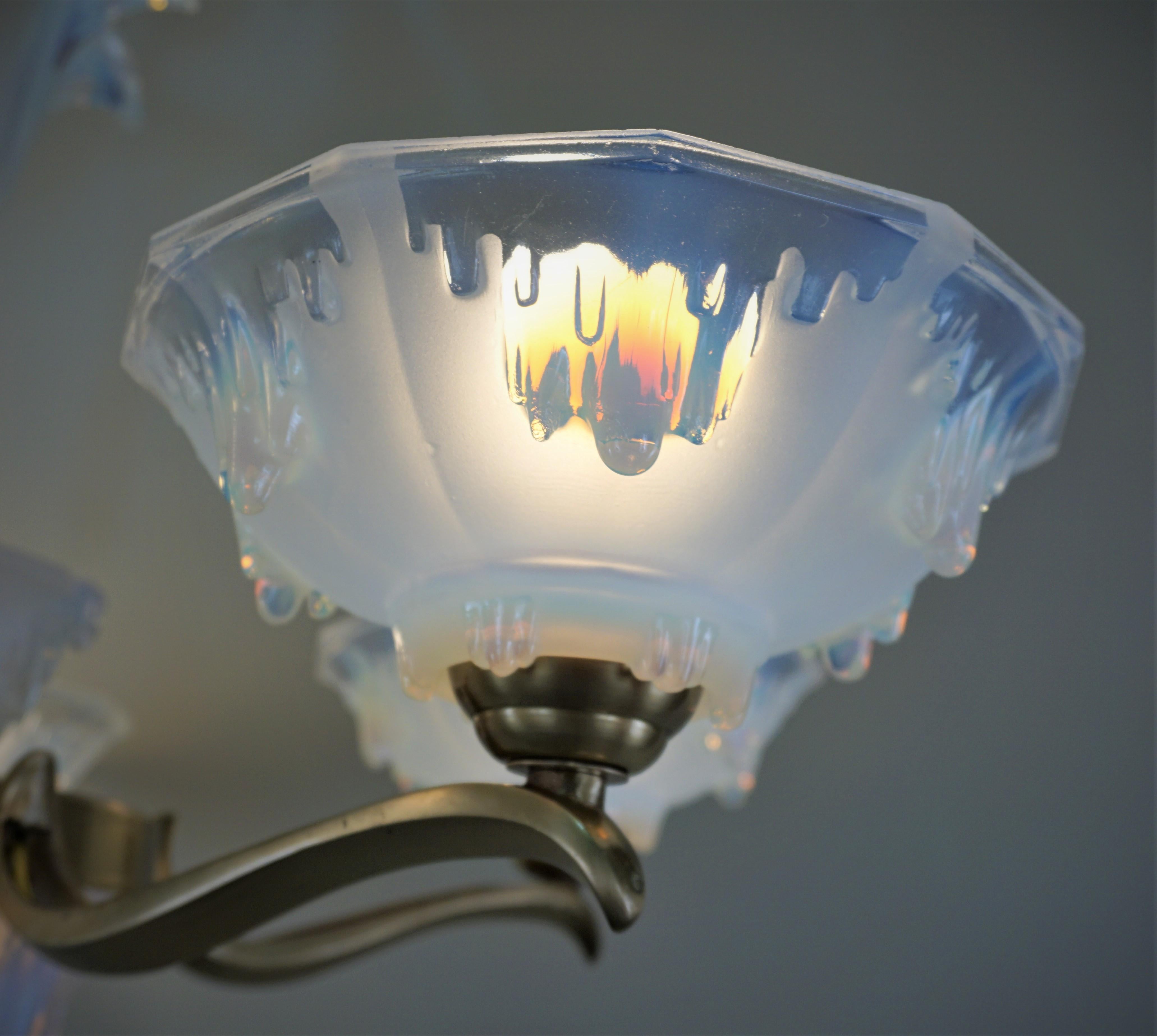 French Art Deco Opalescent Glass Chandelier by Ezan 2