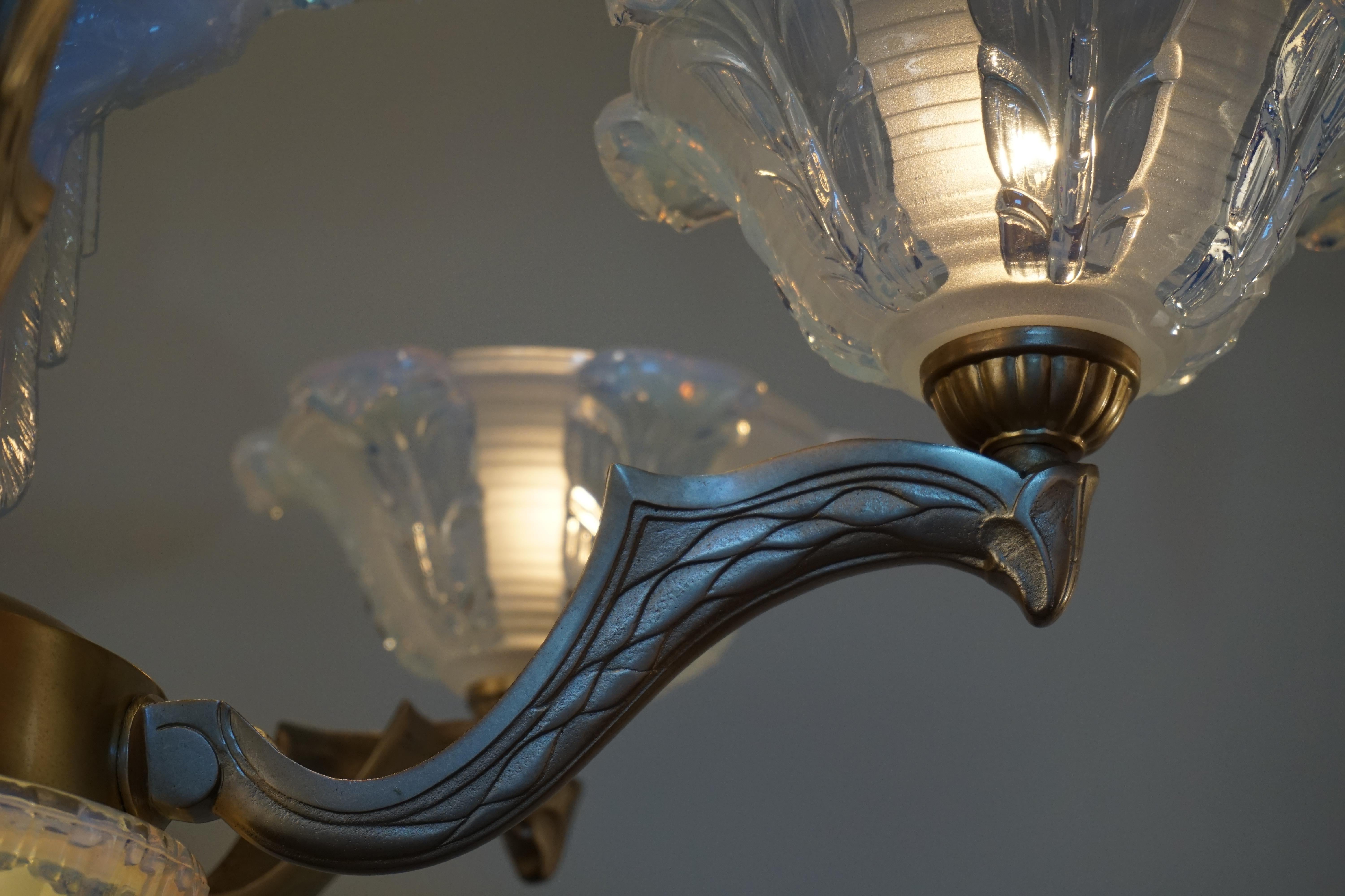 French Art Deco Opalescent Glass Chandelier by Ezan 2