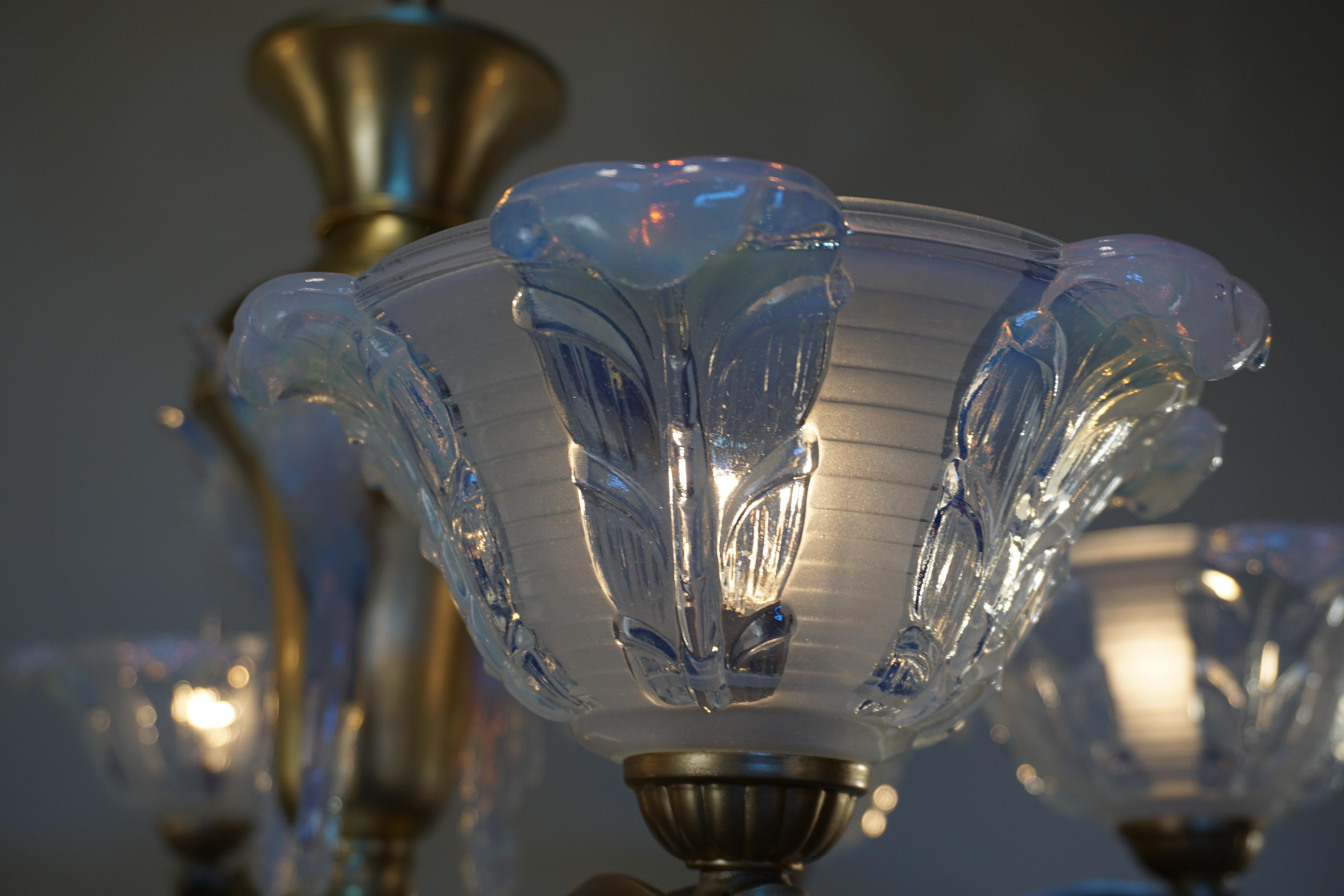 French Art Deco Opalescent Glass Chandelier by Ezan 3