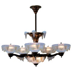 French Art Deco Opalescent Glass Chandelier by Ezan