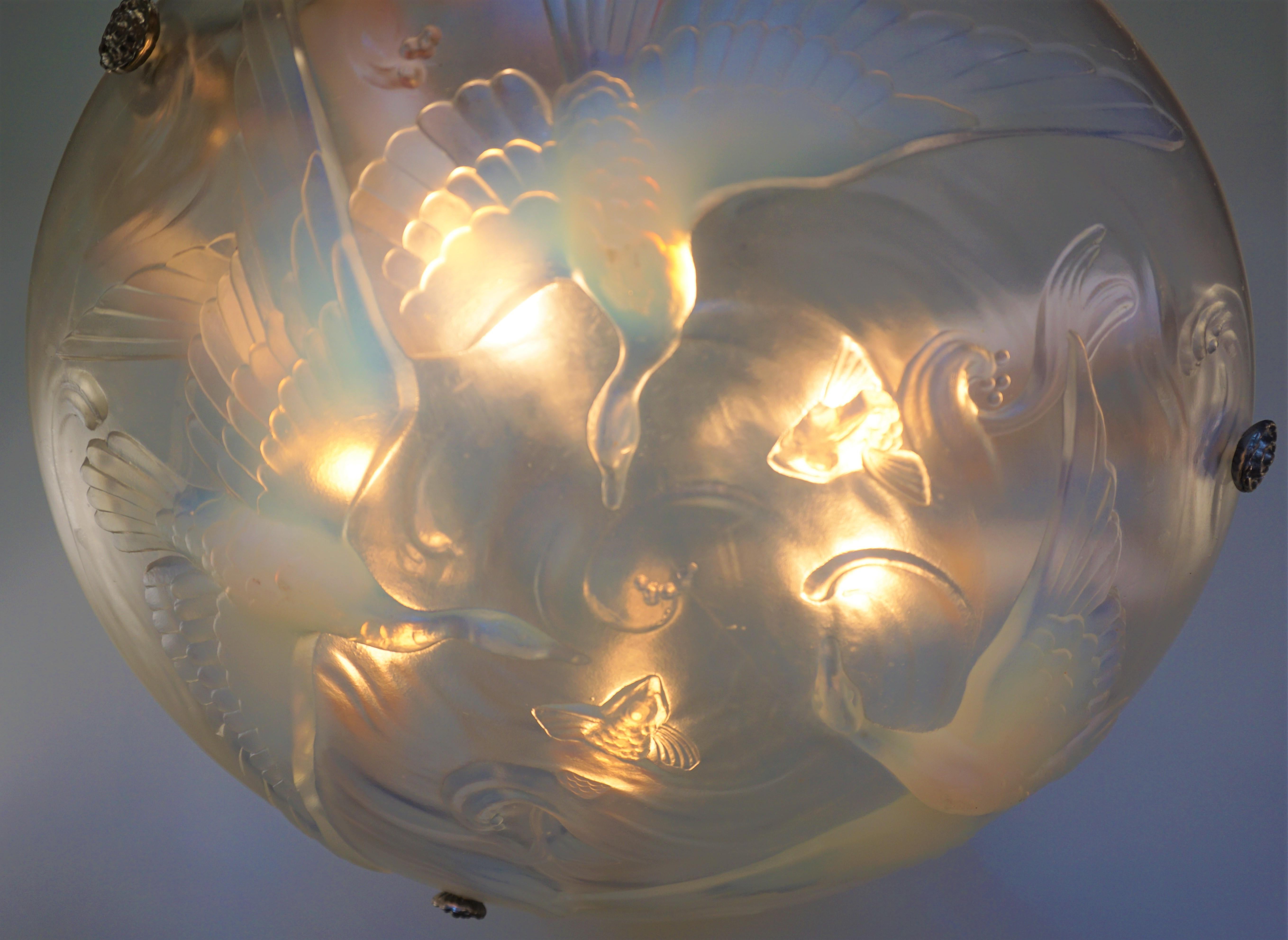 Opaline Glass French Art Deco Opalescent Glass Chandelier by Verlys