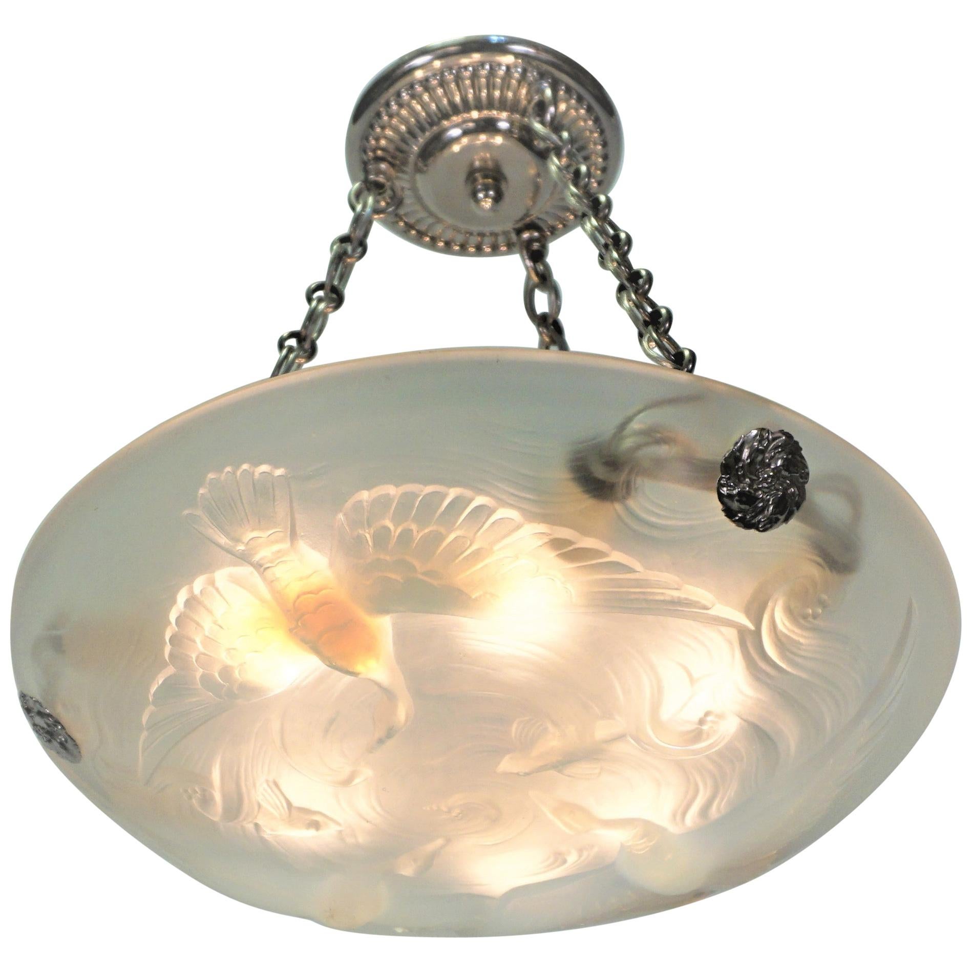 French Art Deco Opalescent Glass Chandelier by Verlys Kingfisher Design For Sale