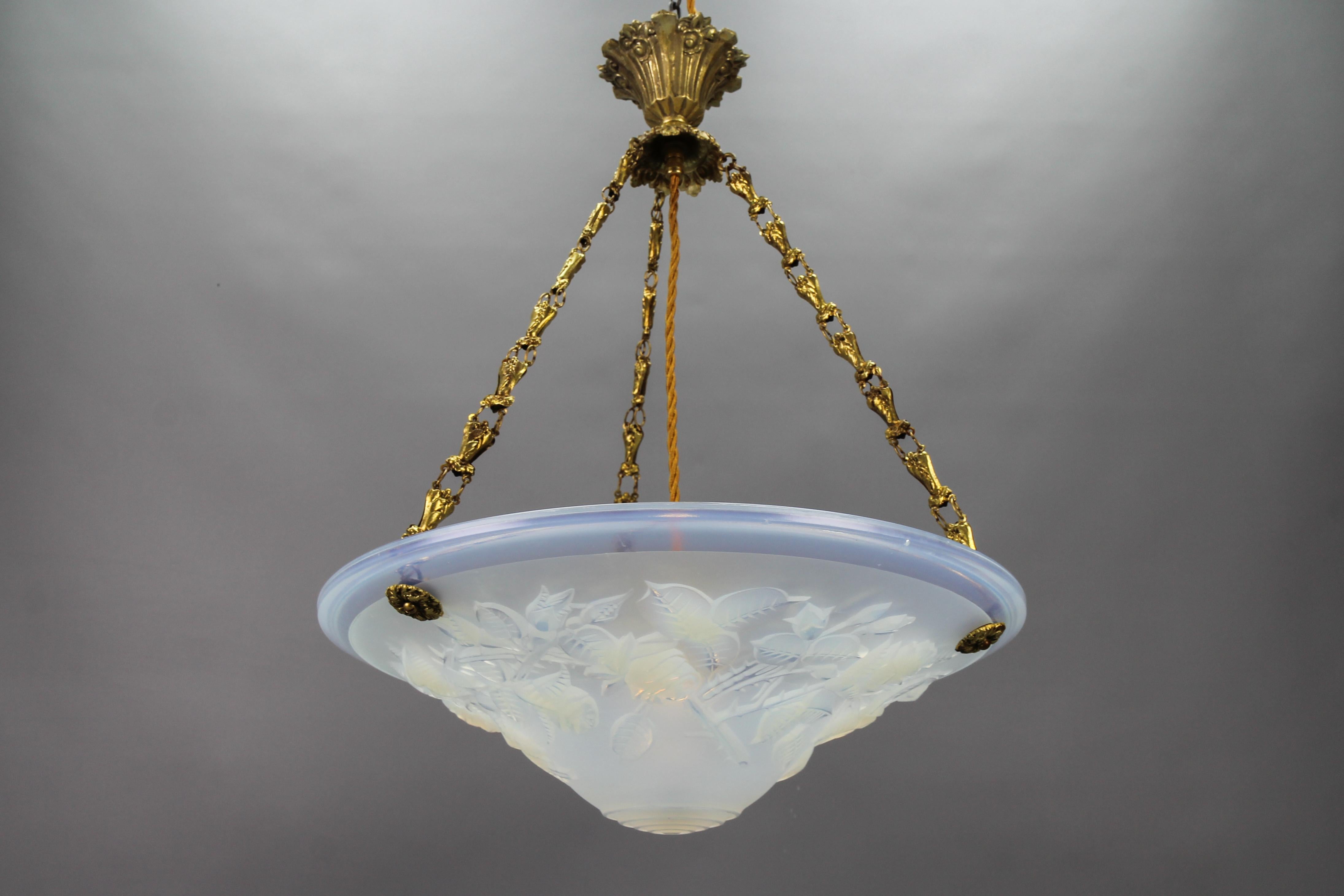 Brass French Art Deco Opalescent Glass Pendant Light Roses by Pierre Maynadier  For Sale