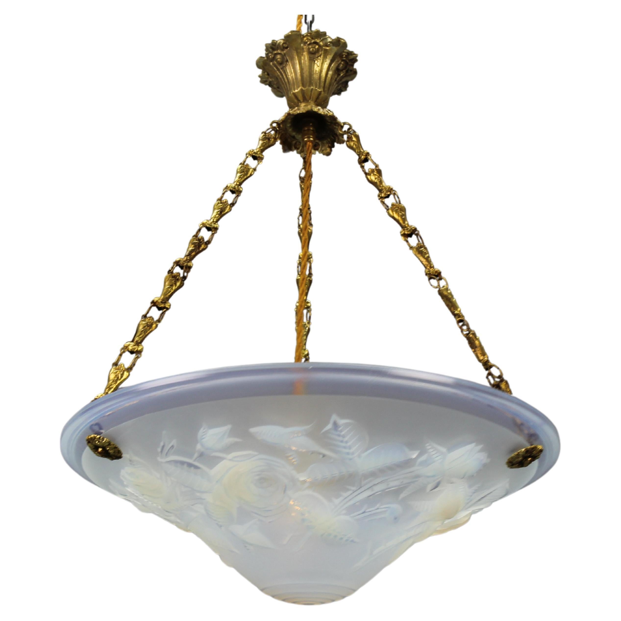 French Art Deco Opalescent Glass Pendant Light Roses by Pierre Maynadier  For Sale