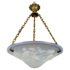 Antique French Art Deco Opalescent Glass Pendant Light Roses by Pierre Maynadier 